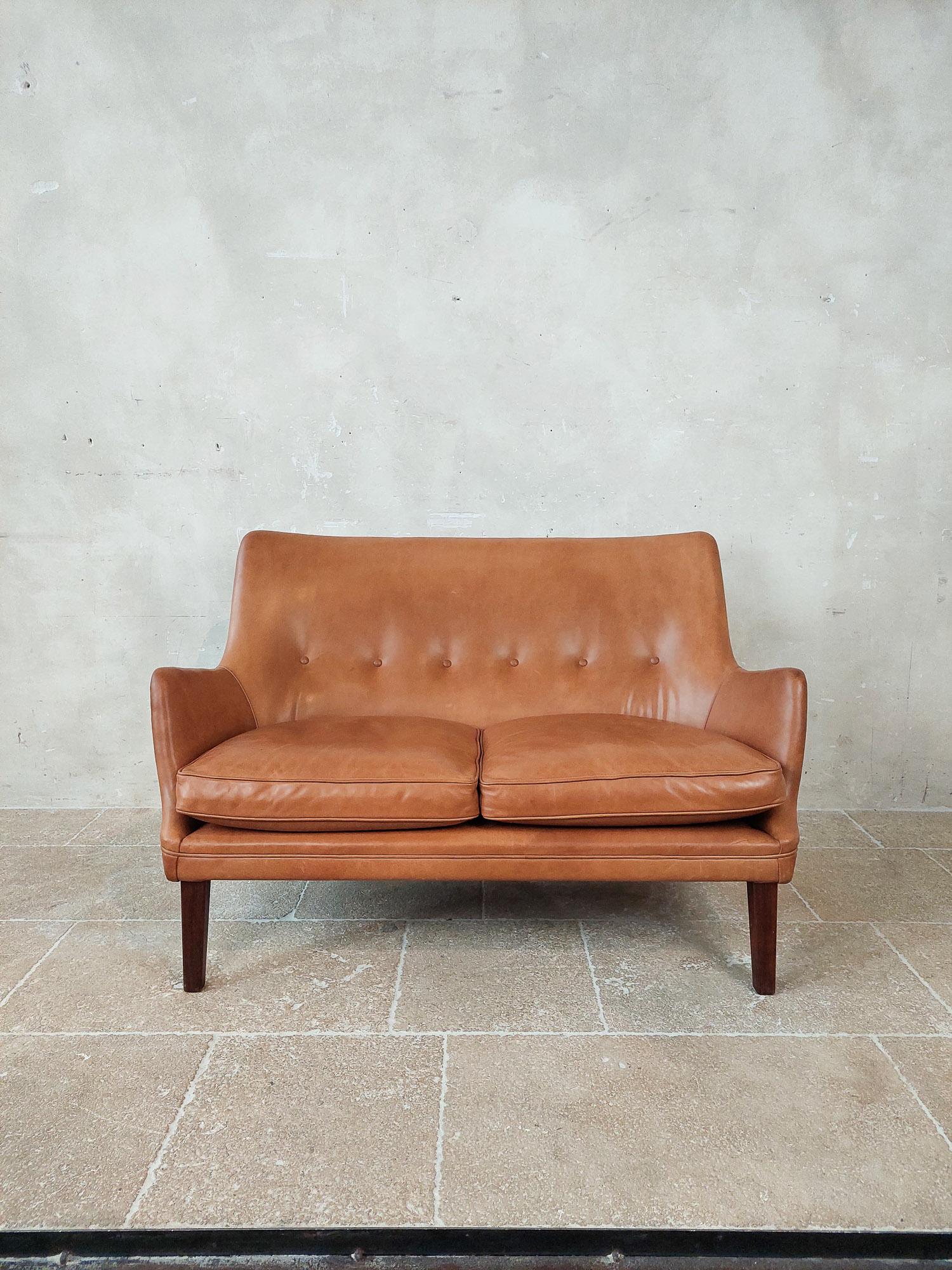 Scandinavian Modern Original Cognac Leather Two-Seater Sofa by Arne Vodder and Ivan Schlechter 1953