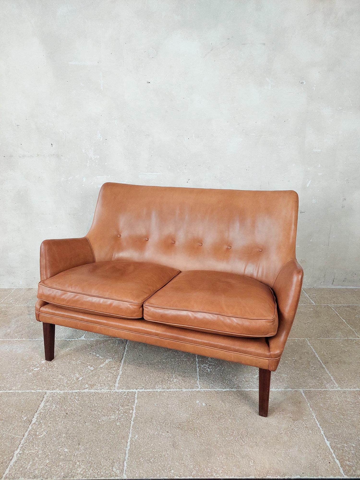 Danish Original Cognac Leather Two-Seater Sofa by Arne Vodder and Ivan Schlechter 1953