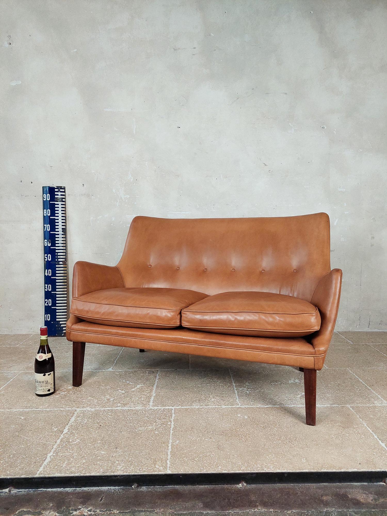 Mid-20th Century Original Cognac Leather Two-Seater Sofa by Arne Vodder and Ivan Schlechter 1953