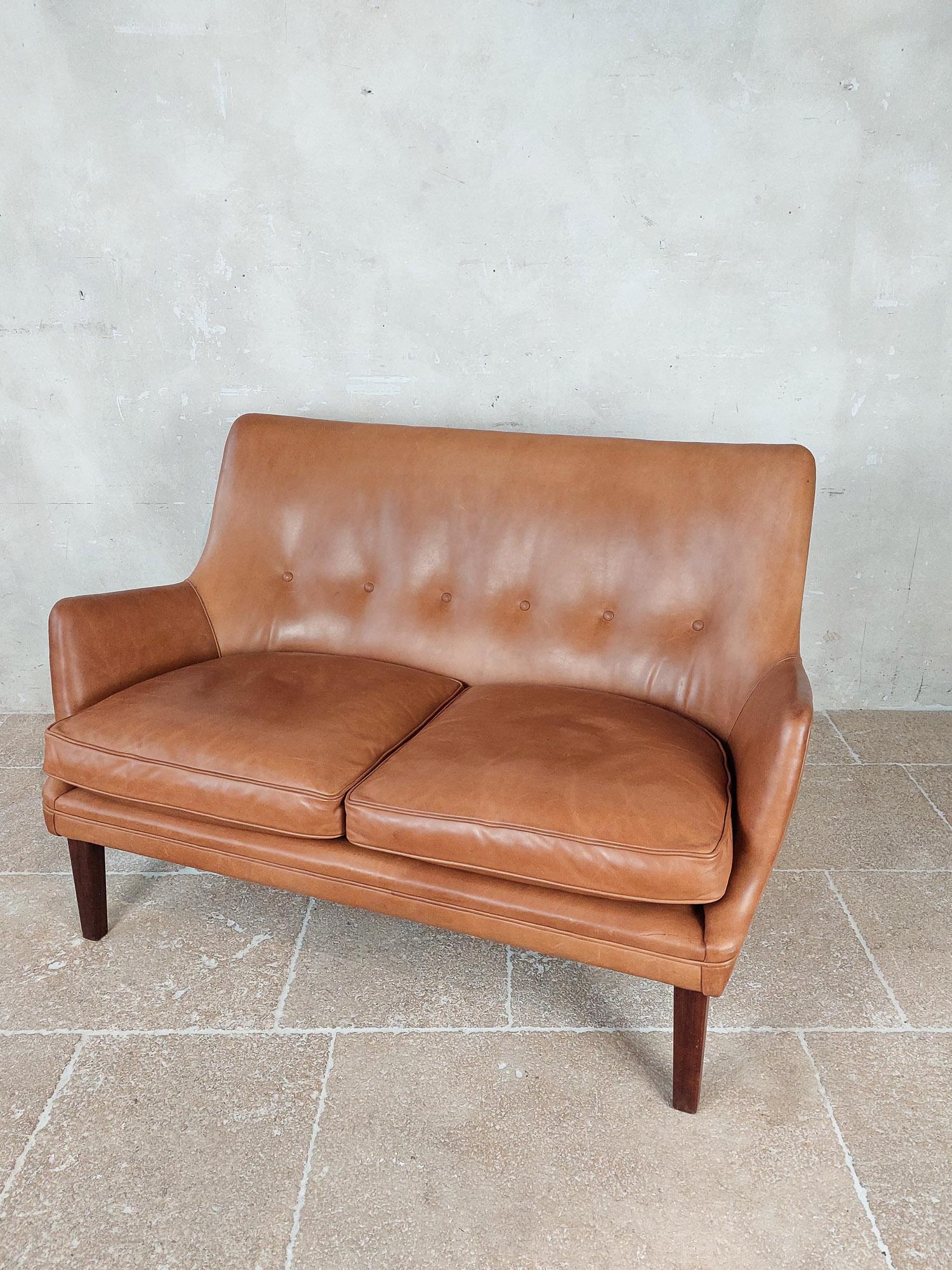 Original Cognac Leather Two-Seater Sofa by Arne Vodder and Ivan Schlechter 1953 1