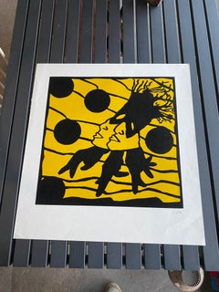 Linograbado en color original de Werner Büttner "Nachleben" en amarillo y negro