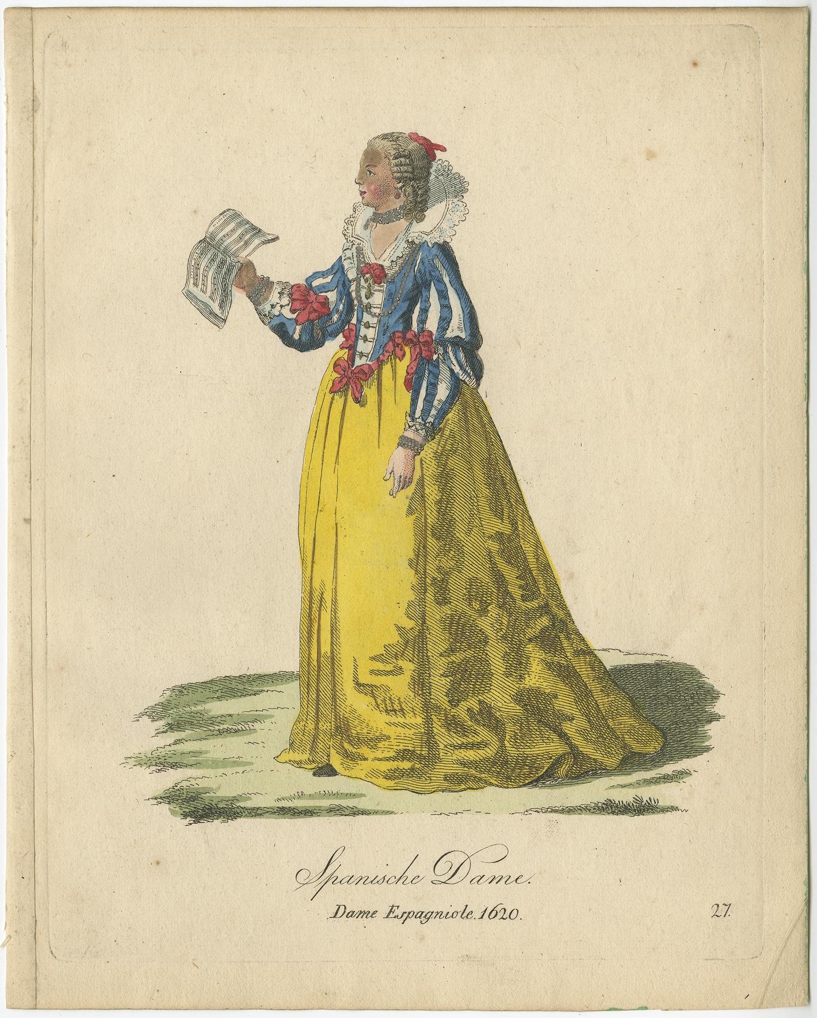 Antique costume print titled 'Spanische Dame - Dame Espagniole 1620'. 

This print depicts a Lady of Spain. Originates from a rare costume book titled 'Sammlung von Trachten bey verschiedenen ältern und neuern Völkern (..)'. 

Artists and