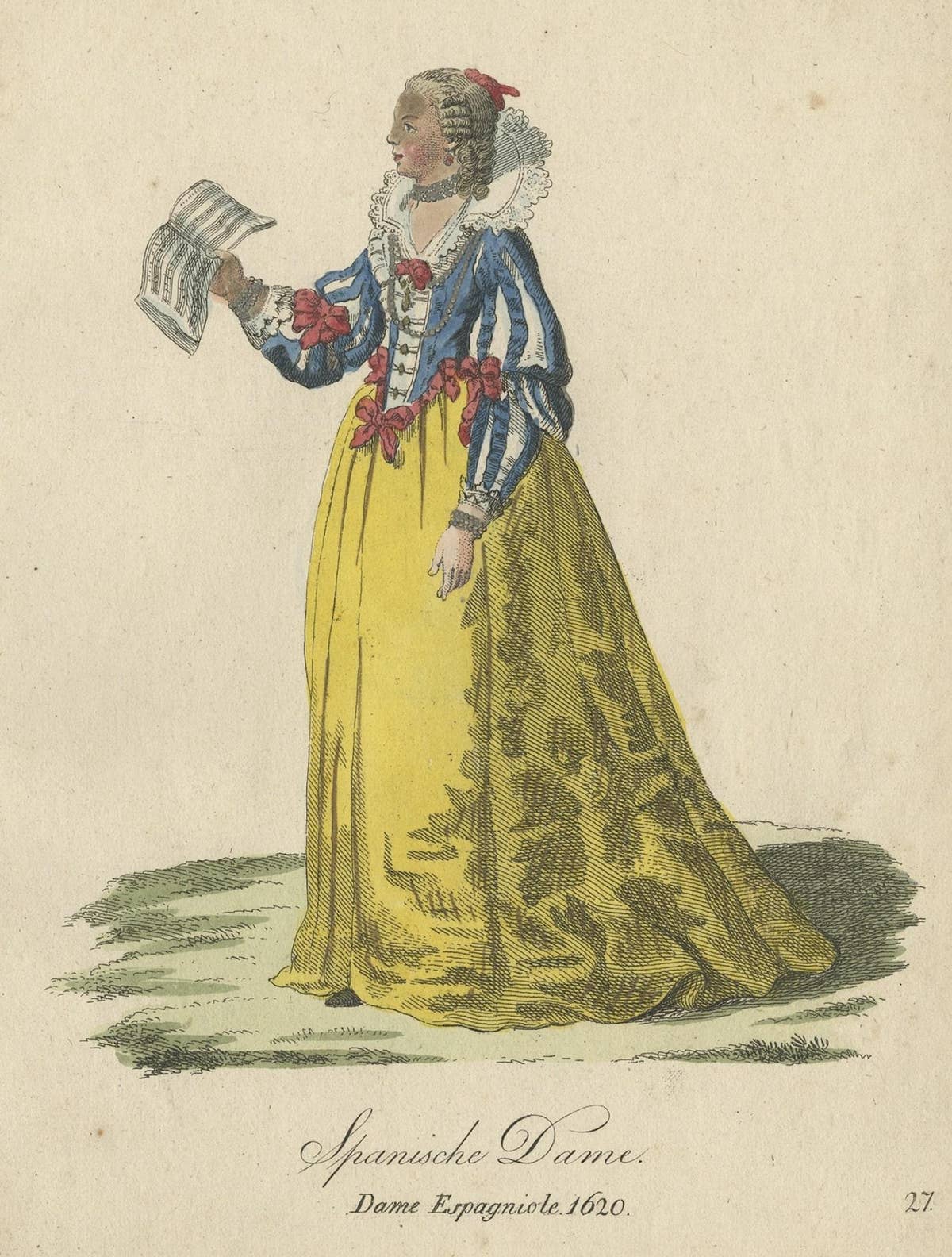 Original Colored Copper Engraving of a Lady from Spain in a 1620 Costume, 1805