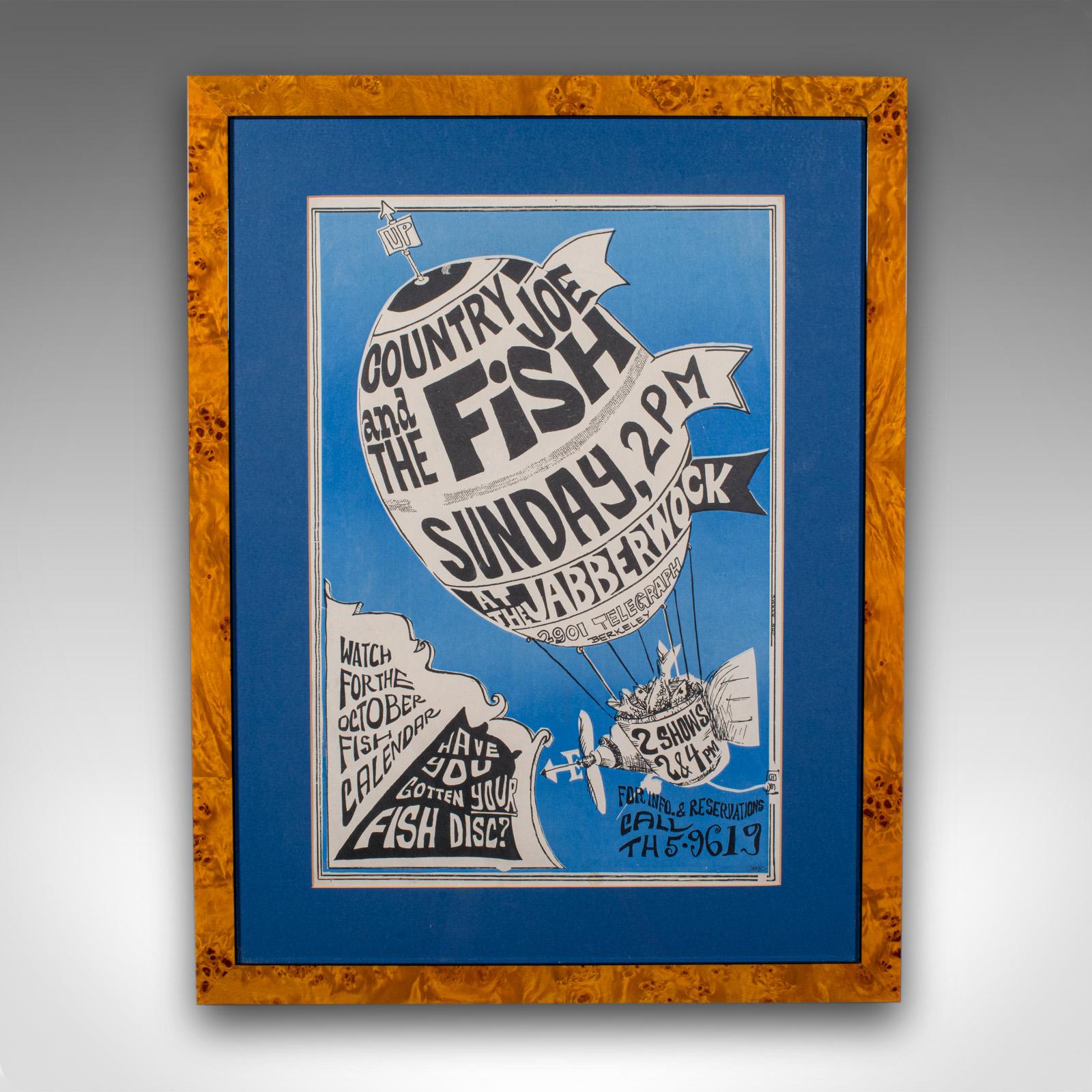 Questo è un poster originale di un concerto vintage. Un volantino pubblicitario americano per Country Joe & The Fish at the Jabberwock Coffee House, pubblicato dalla Berkeley Free Press nel 1966. Un caratteristico esempio di arte popolare