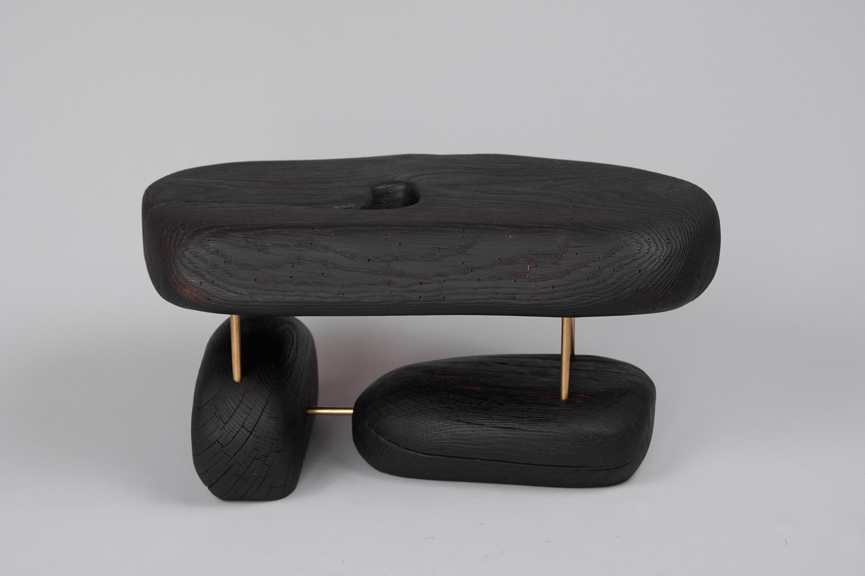 Unique wooden functional sculpture usable as a multifunctional piece such as a side table, stool, or decorative object. It is build in combination of high quality burnt oak with brass, and protected with the highest quality oils, ensuring durability