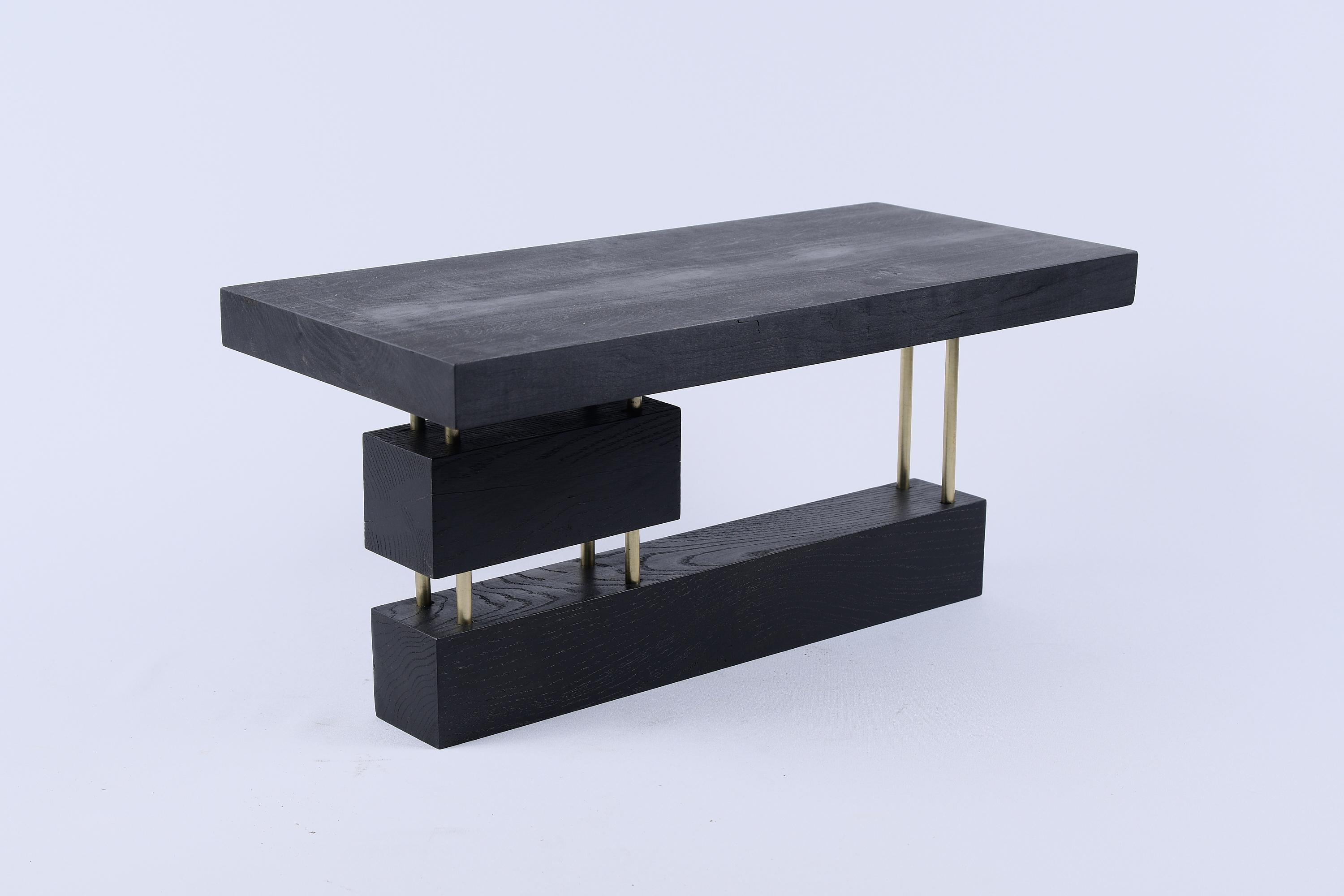 Original Contemporary Design, Burnt Oak with Brass, Unique Side Table, Logniture For Sale 2