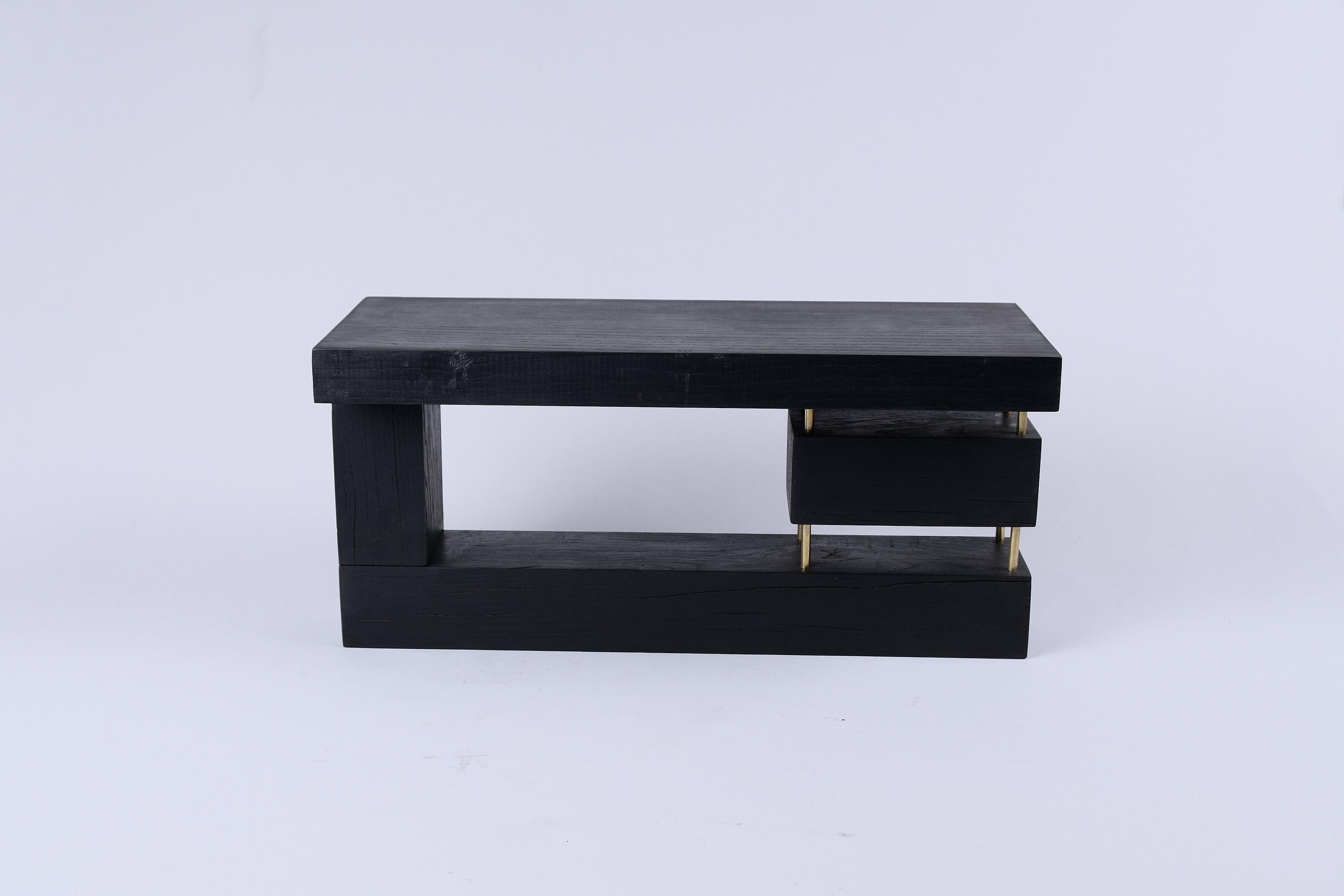 Original Contemporary Design, Burnt Oak with Brass, Unique Side Table, Logniture For Sale 2