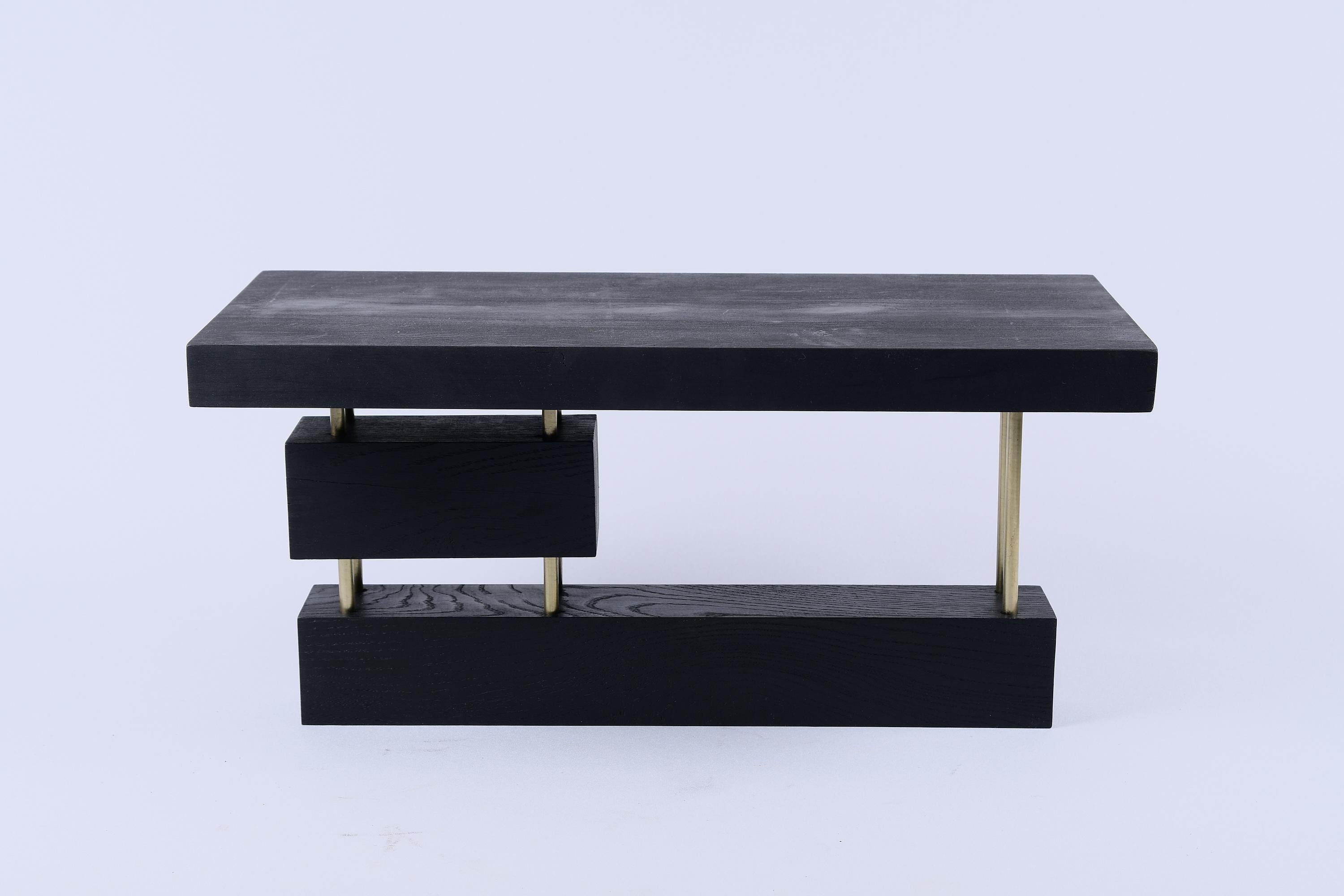 Original Contemporary Design, Burnt Oak with Brass, Unique Side Table, Logniture For Sale 4