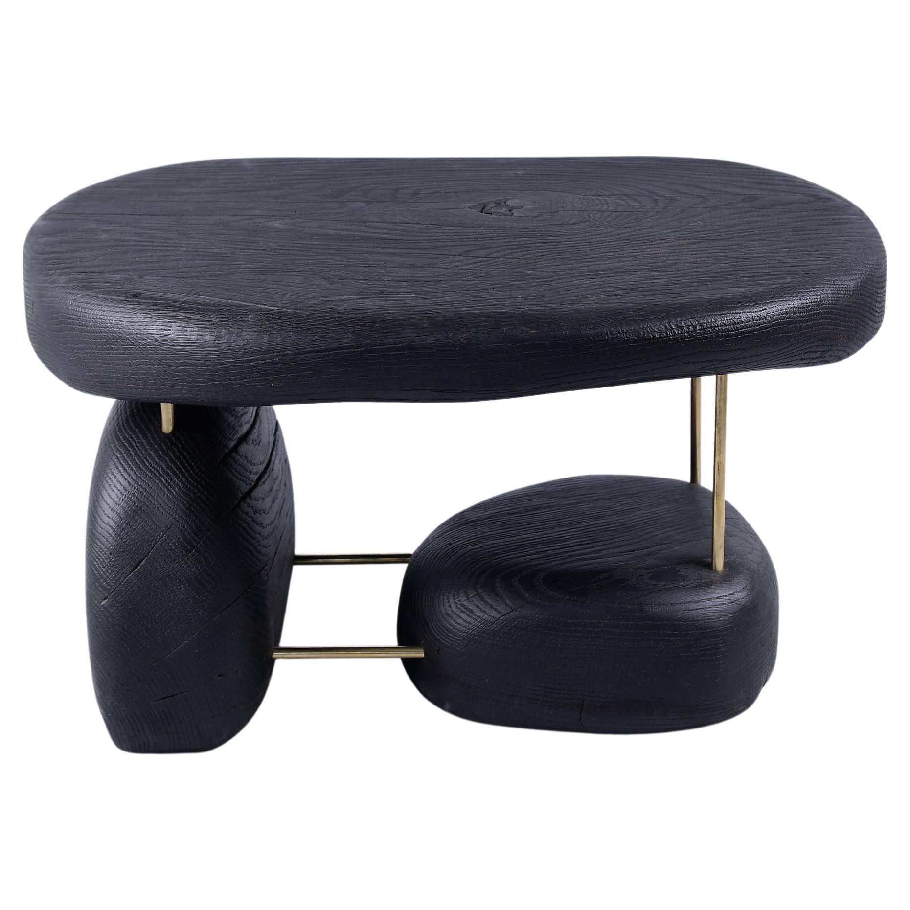 Original Contemporary Design, Burnt Oak with Brass, Unique Side Table, Logniture For Sale