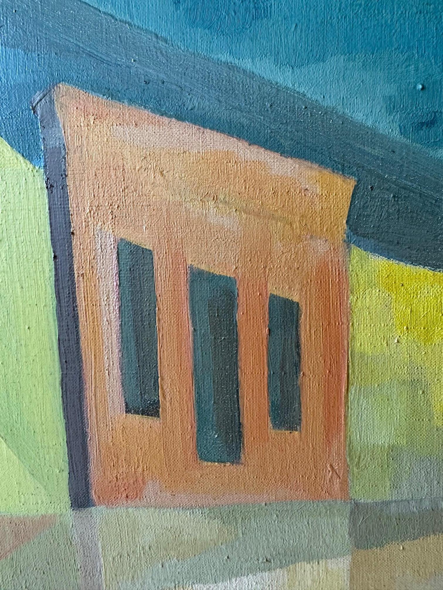 Striking original painting on canvas of an abstract row of buildings rendered boldly in yellow, orange and purple, contrasting with a grey and blue sky.
Signed Nemeth lower right.