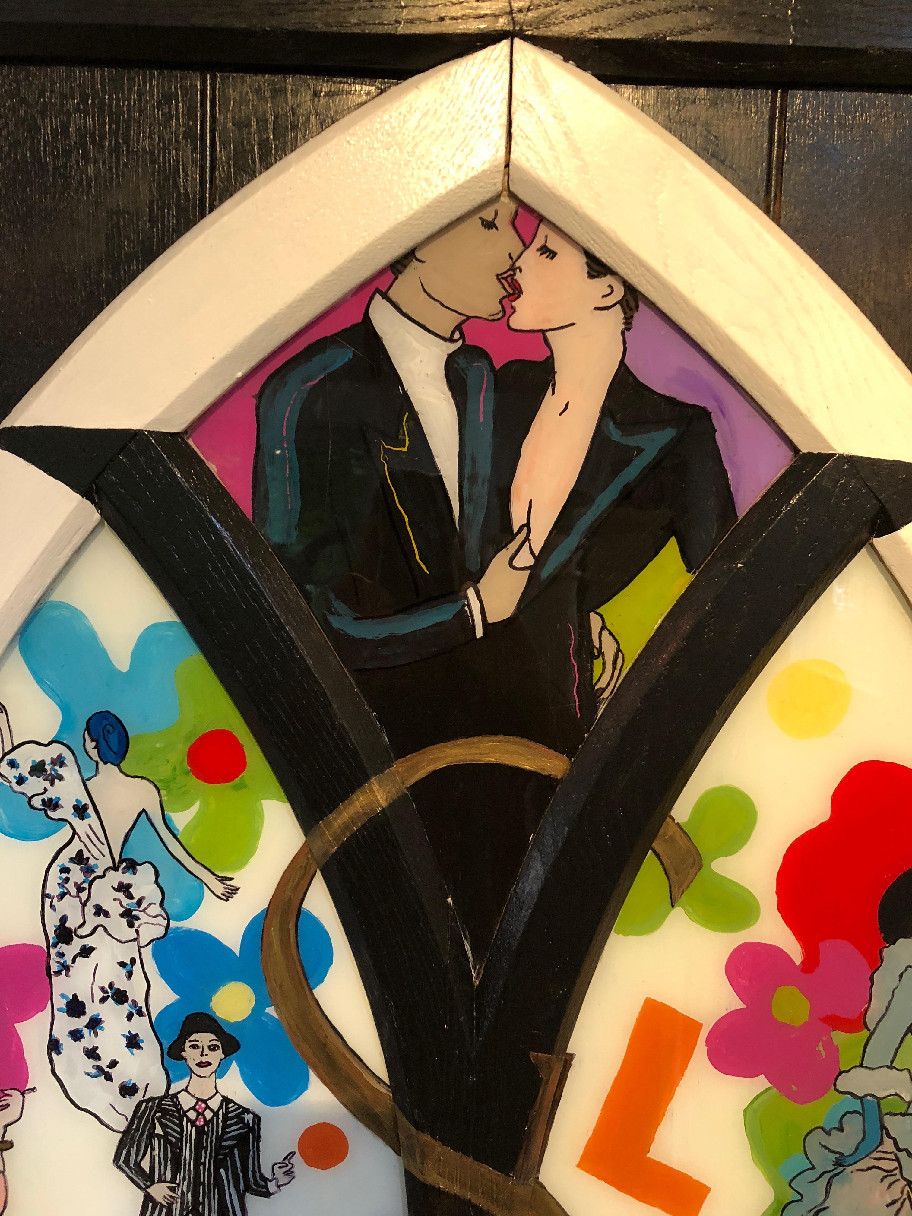 Bold and fascinating original reverse painting on the glass of a vintage gothic window, with subject matter inspired by the iconic designer Yves Saint Laurent. Models float in the composition outfitted in his fabulous clothes, including the history