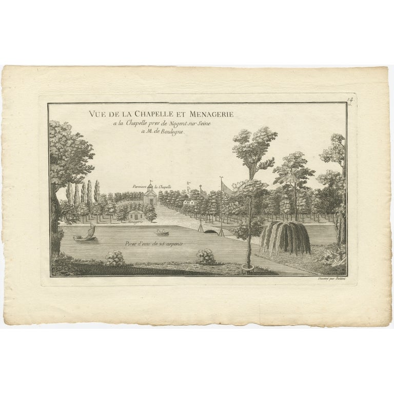 Antique print titled 'Vue de la Chapelle et Menagerie'. Copper engraving showing a chapel and menagerie. 

This print originates from 'Jardins Anglo-Chinois à la Mode' by Georg Louis le Rouge. Artists and Engravers: The work of Le Rouge is