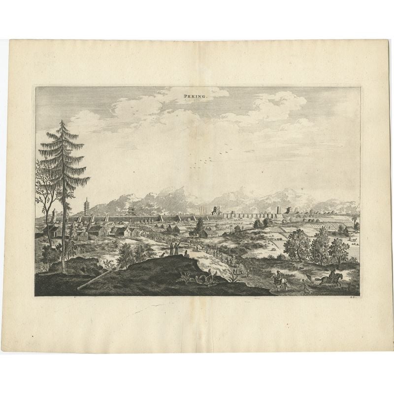 Antique print China titled 'Peking'. Old print depicting a view of Bejing in China with its ramparts. On the left a pagoda. This print originates from the Latin edition of Nieuhof's work titled 'Legatio batavica ad magnum Tartariæ chamum Sungteium
