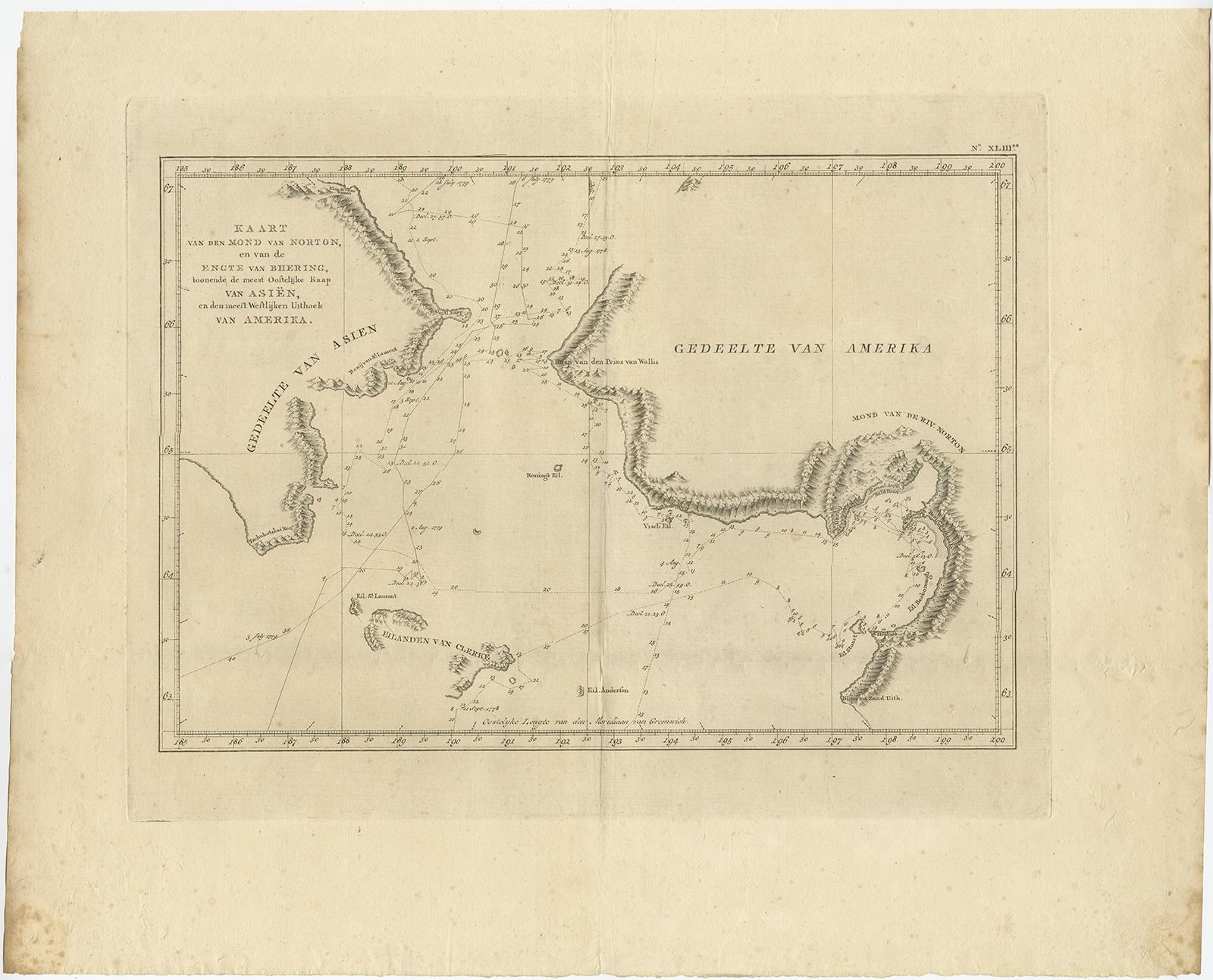 Antique map titled 'Kaart van den Mond van Norton, en van de Engte van Bhering, toonende de meest Oostlijke Kaap van Asien, en den meest Westlijken Urthoek van Amerika'. 

Map of the Bering Strait from the coast south of Norton Sound to the coast