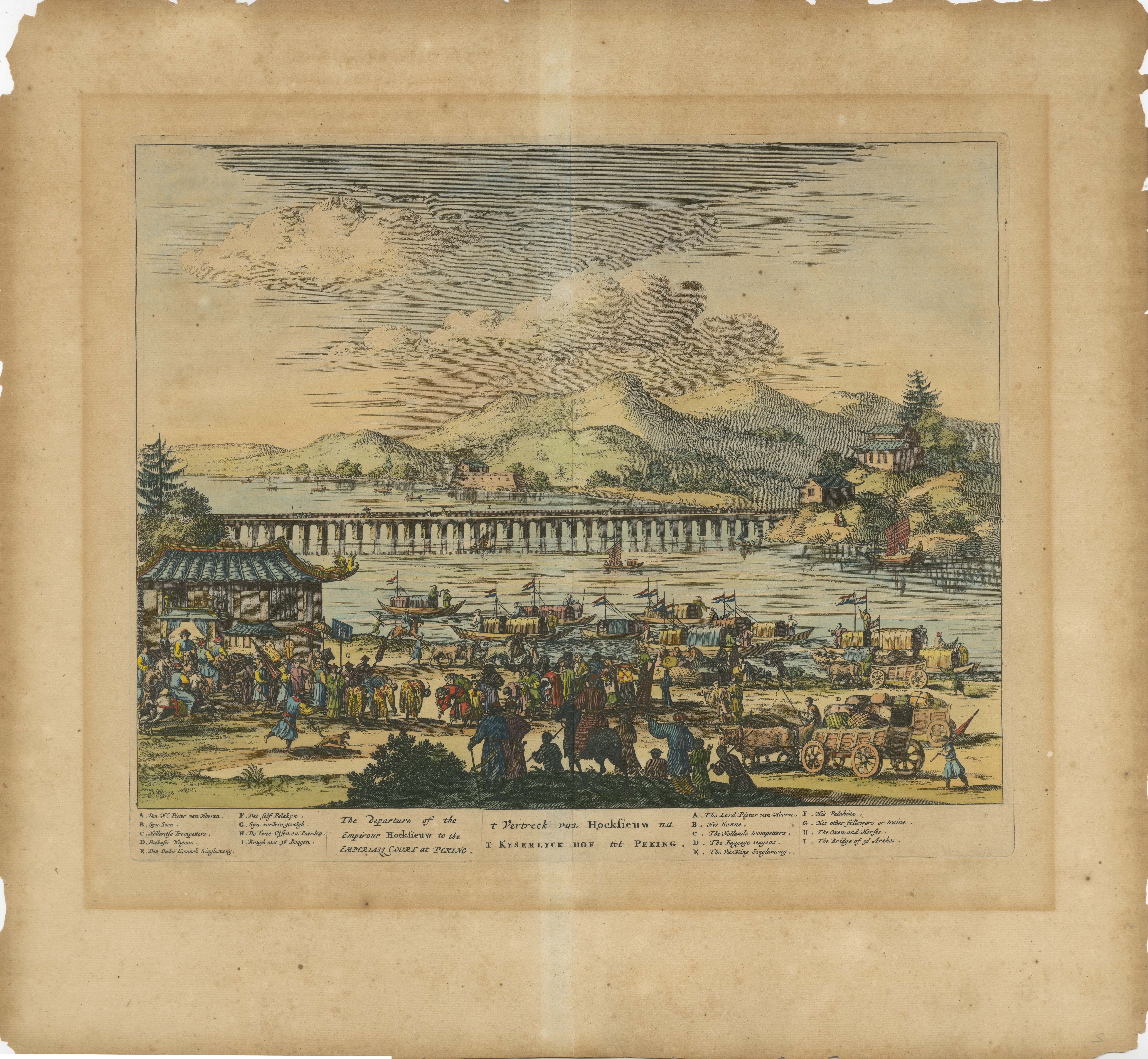 Title: 'The departure of the Empirour Hockflieuw to the Emprial Court at Peking' with further description in Dutch. 

The Dutch man Pieter van Hoorn, his son, trompetters and futher entourage are visiting China. 

Creator: Montanus, Arnoldus,