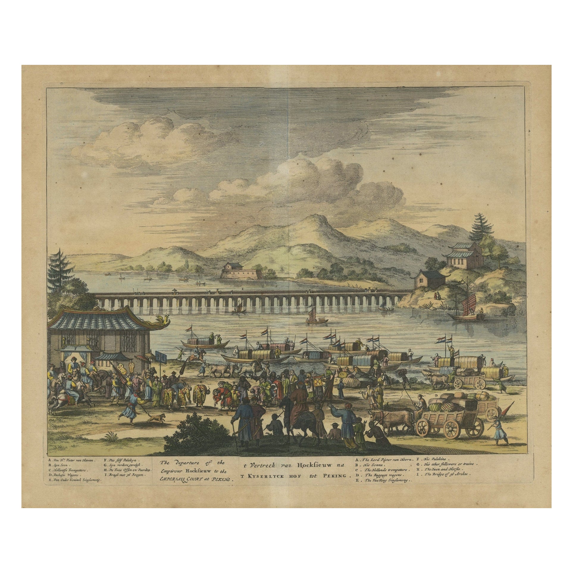 Original Kupferstich mit Darstellung niederländischer Handelsschiffe, die China besichtigen, ca.700