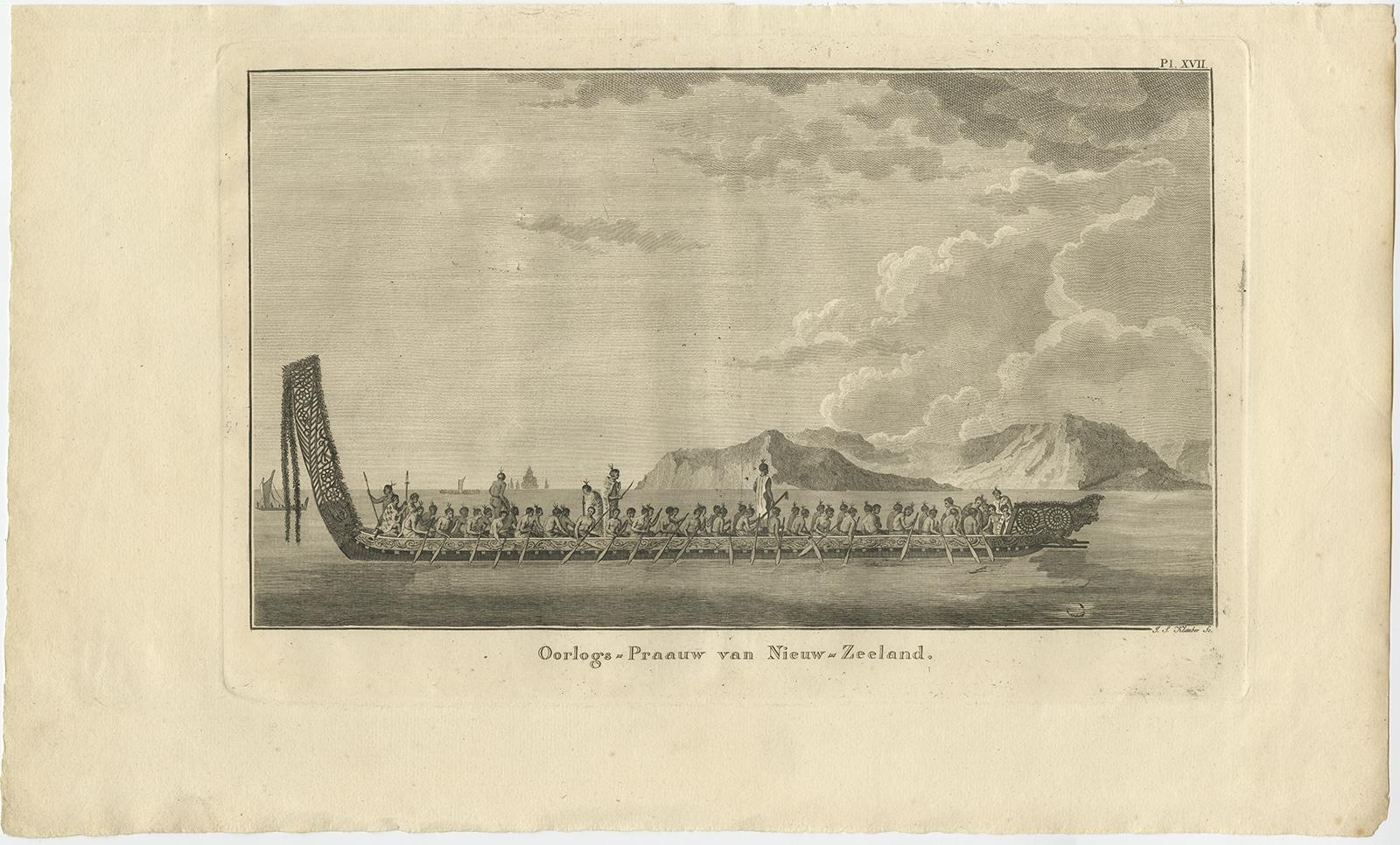 Antique print New Zealand titled 'Oorlogs-Praauw van Nieuw-Zeeland'. 

View of a Maori war canoe, New Zealand. Originates from 'Reizen Rondom de Waereld door James Cook (..)'. 

Artists and Engravers: Translated by J.D. Pasteur. Published by