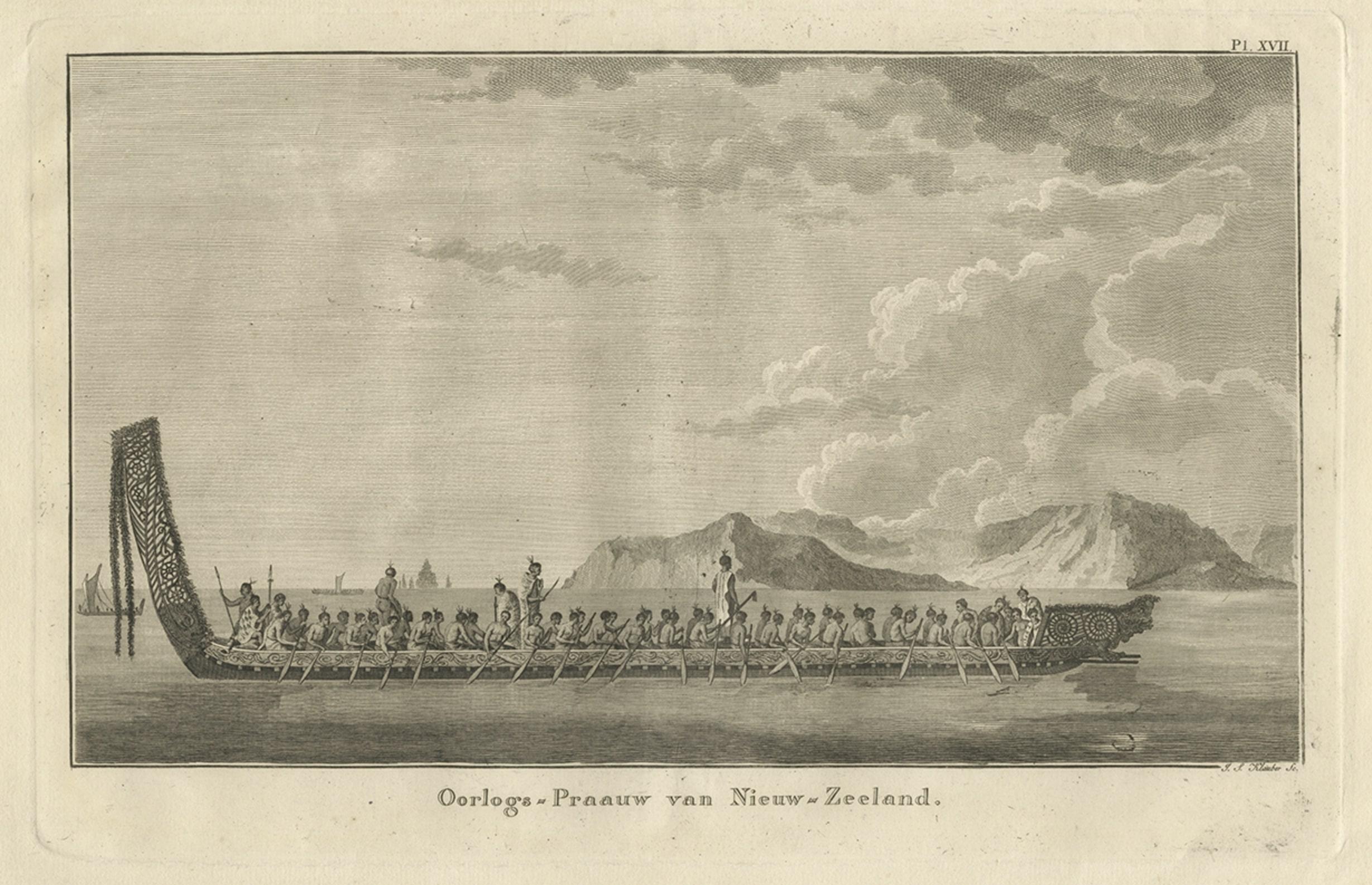 Original Copper Engraving of a Maori War Canoe, New Zealand, 1803 In Good Condition For Sale In Langweer, NL