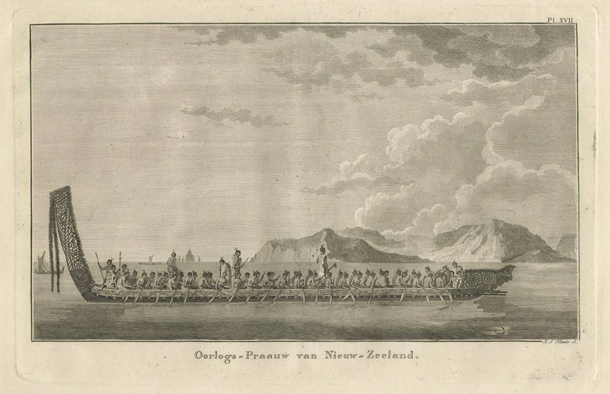 Original Copper Engraving of a Maori War Canoe, New Zealand, 1803