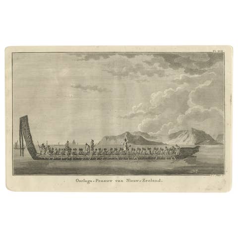 Original Copper Engraving of a Maori War Canoe, New Zealand, 1803