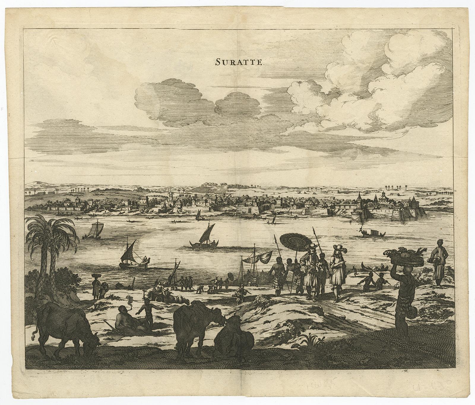 Antique print, titled: 'Suratte' 

View of the Indian city of Suratte (Surat) showing a panoramic view of the city with figures, animals and a river with boats in the foreground.

This original engraving originates from the 1672 German edition