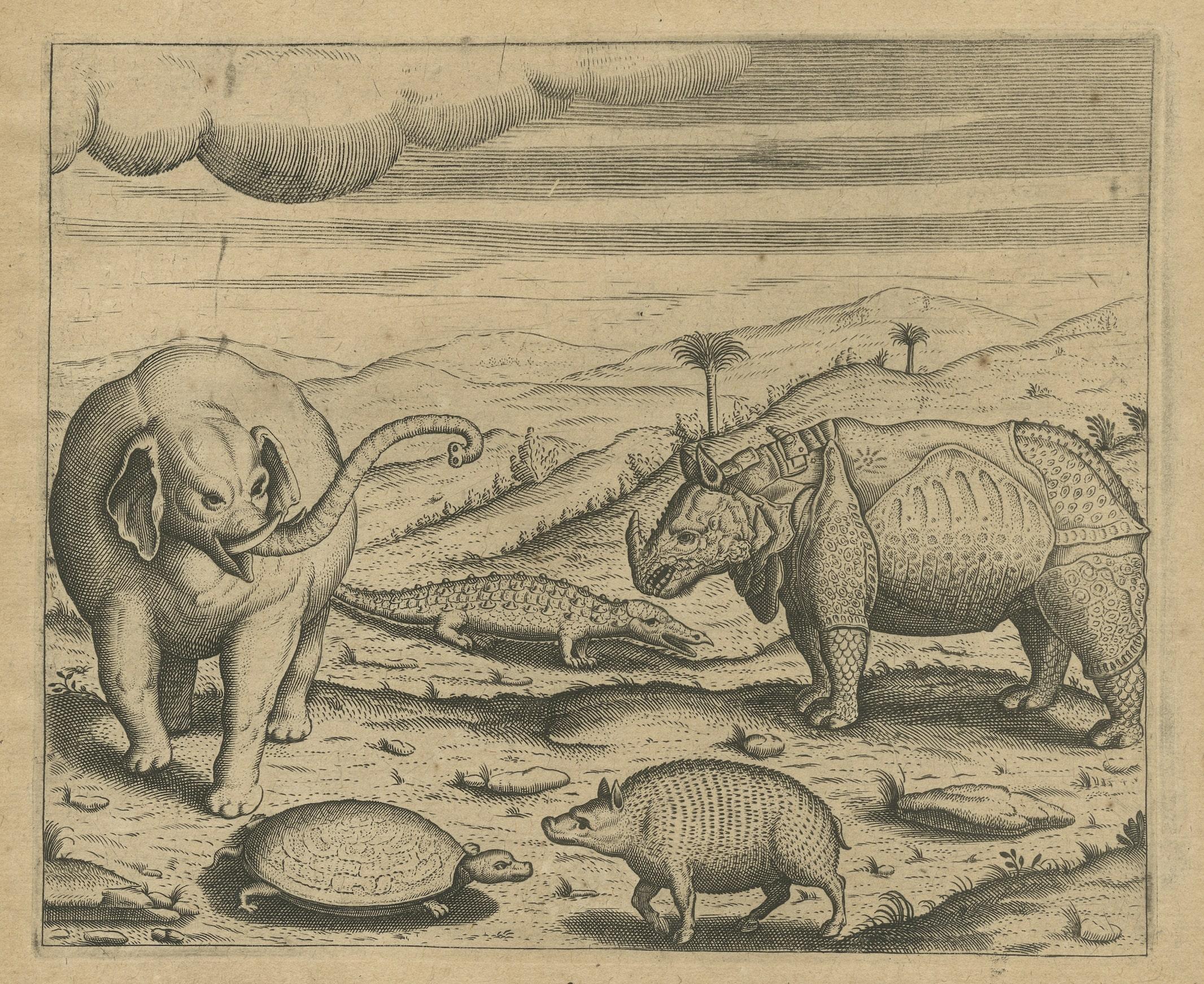 Original Kupfergravur verschiedener gefeierter Tiere in Indien von De Bry, 1601, Kupfer (Graviert) im Angebot