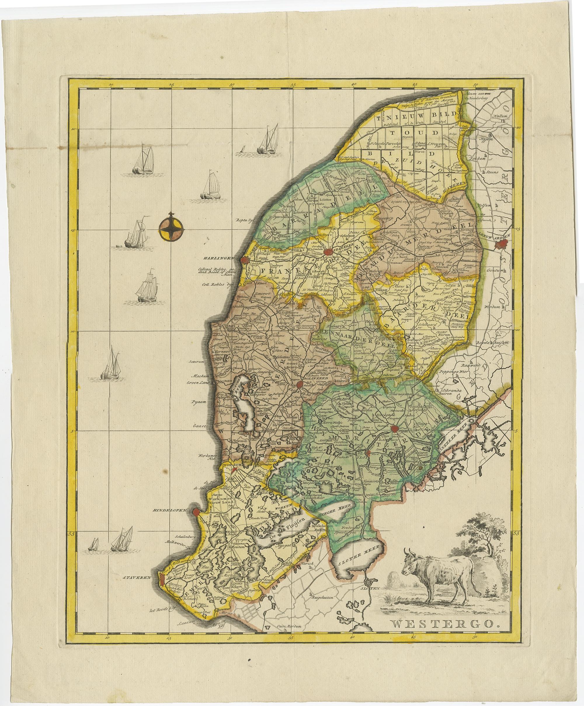 Antique map titled 'Westergo'. 

Original antique map of Westergo, part of the province of Friesland, the Netherlands. Published 1744.

Artists and engravers: Isaak Tirion (1705 in Utrecht – 1765 in Amsterdam) was an 18th-century publisher from