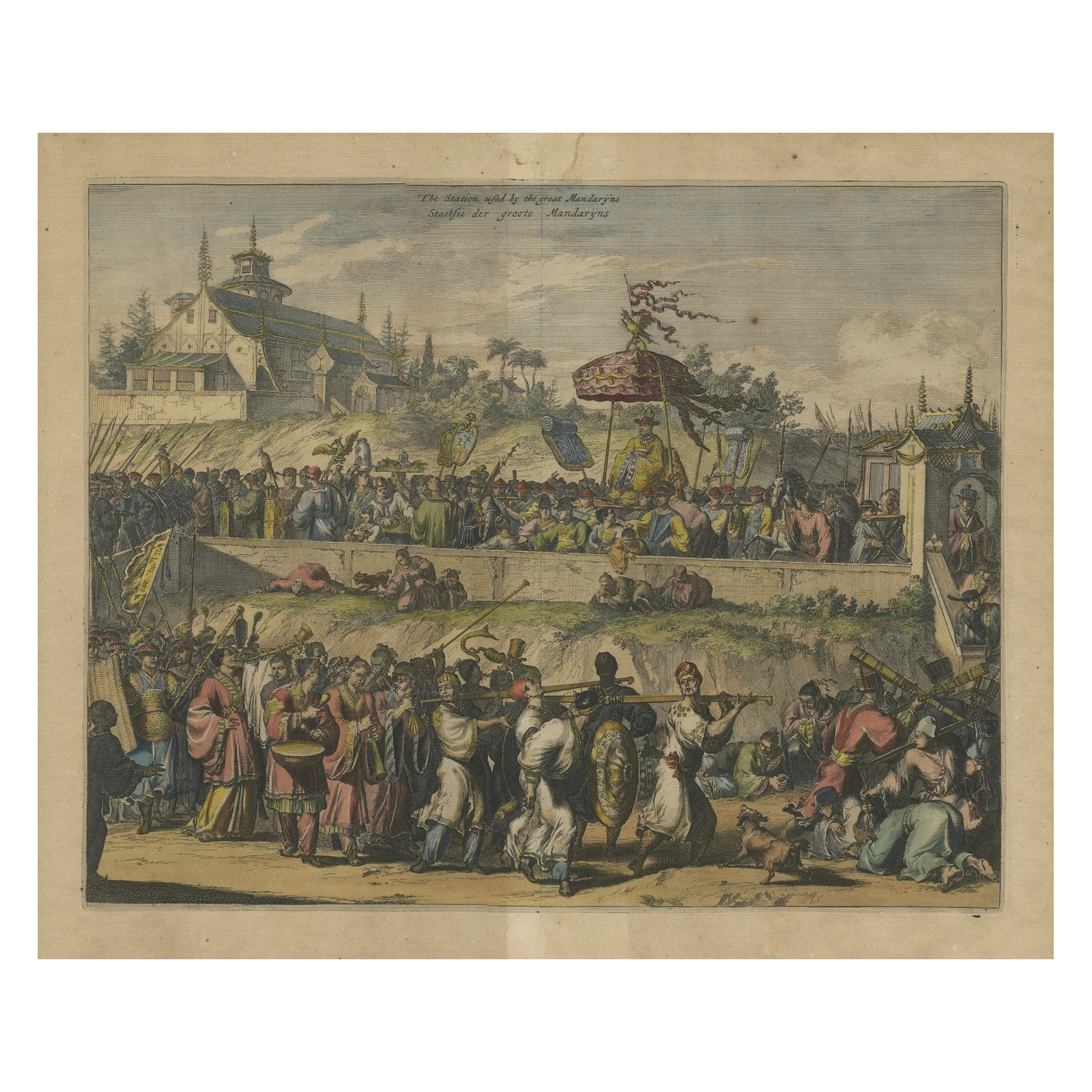 Original Kupferstich mit Ansicht des Palastes und des chinesischen Kaisers, ca. 1.700