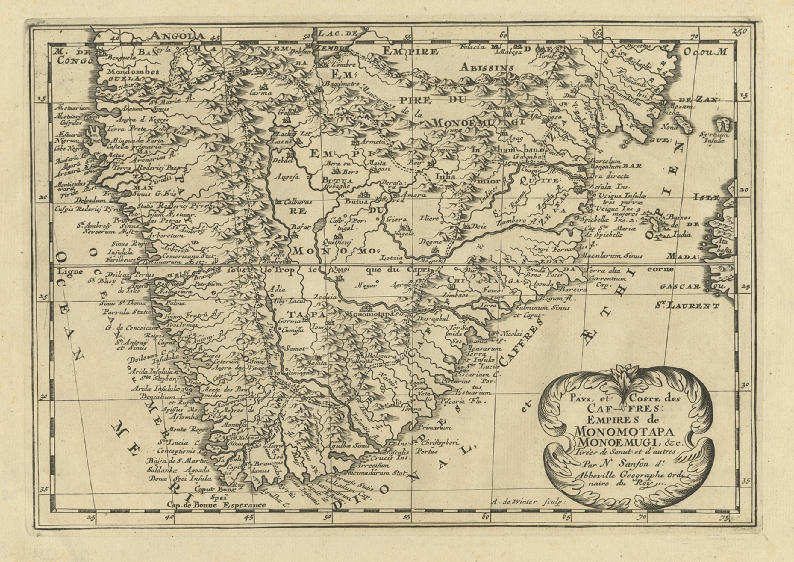Carte d'origine en cuivre gravée et détaillée d'Afrique du Sud, vers 1680 Bon état - En vente à Langweer, NL