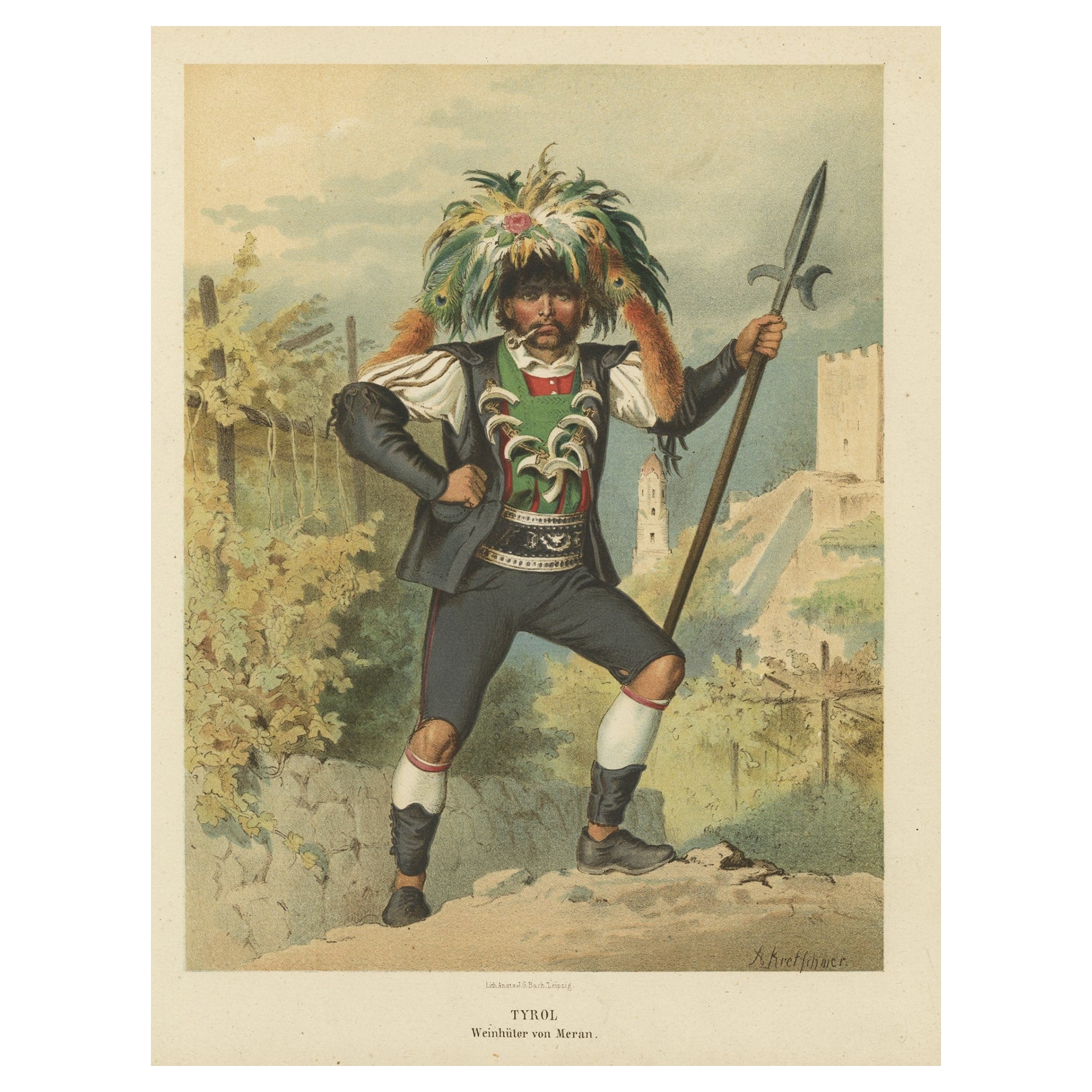 Impression originale de costume du Tyrol du Sud, Autriche, un garde de vignobles de Merana, 1870 en vente