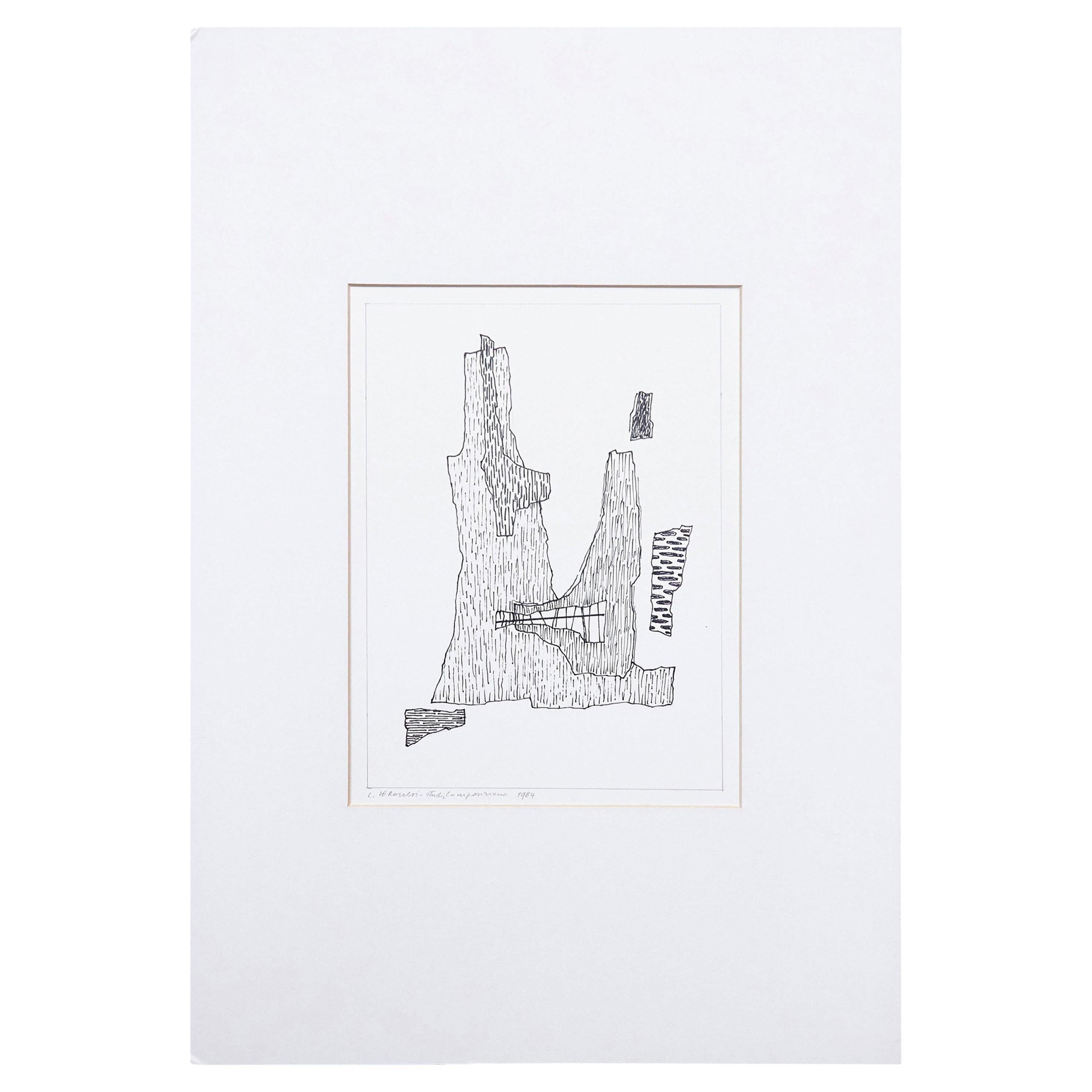 Dessin original au crayon, style « Mid-Century Modern », signé, vers 1984 en vente