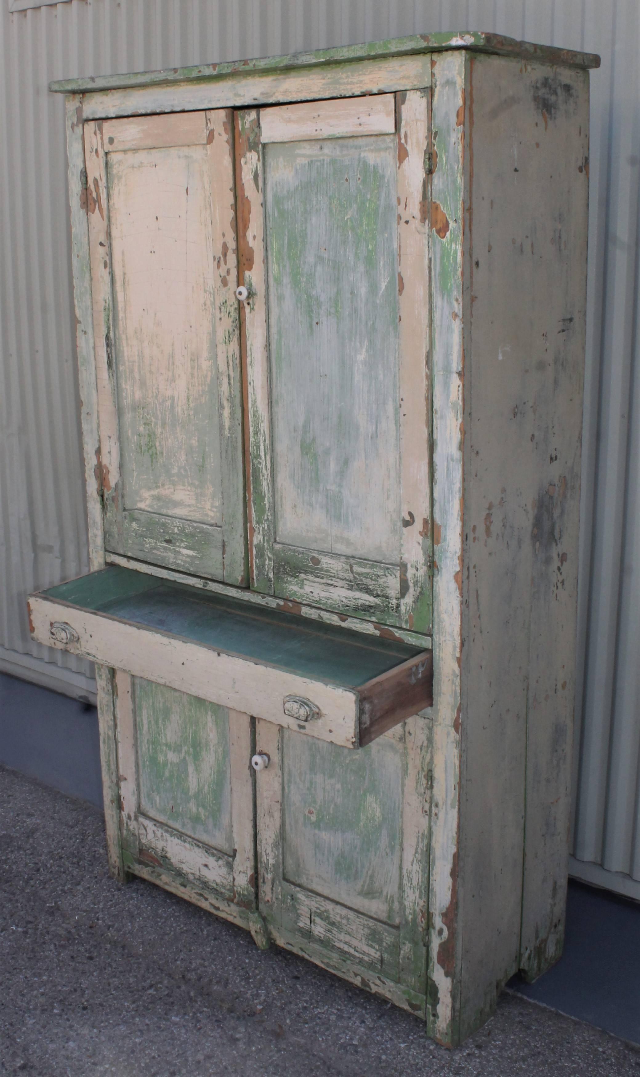 Country Original Cream over Green Painted 19th Century Cupboard