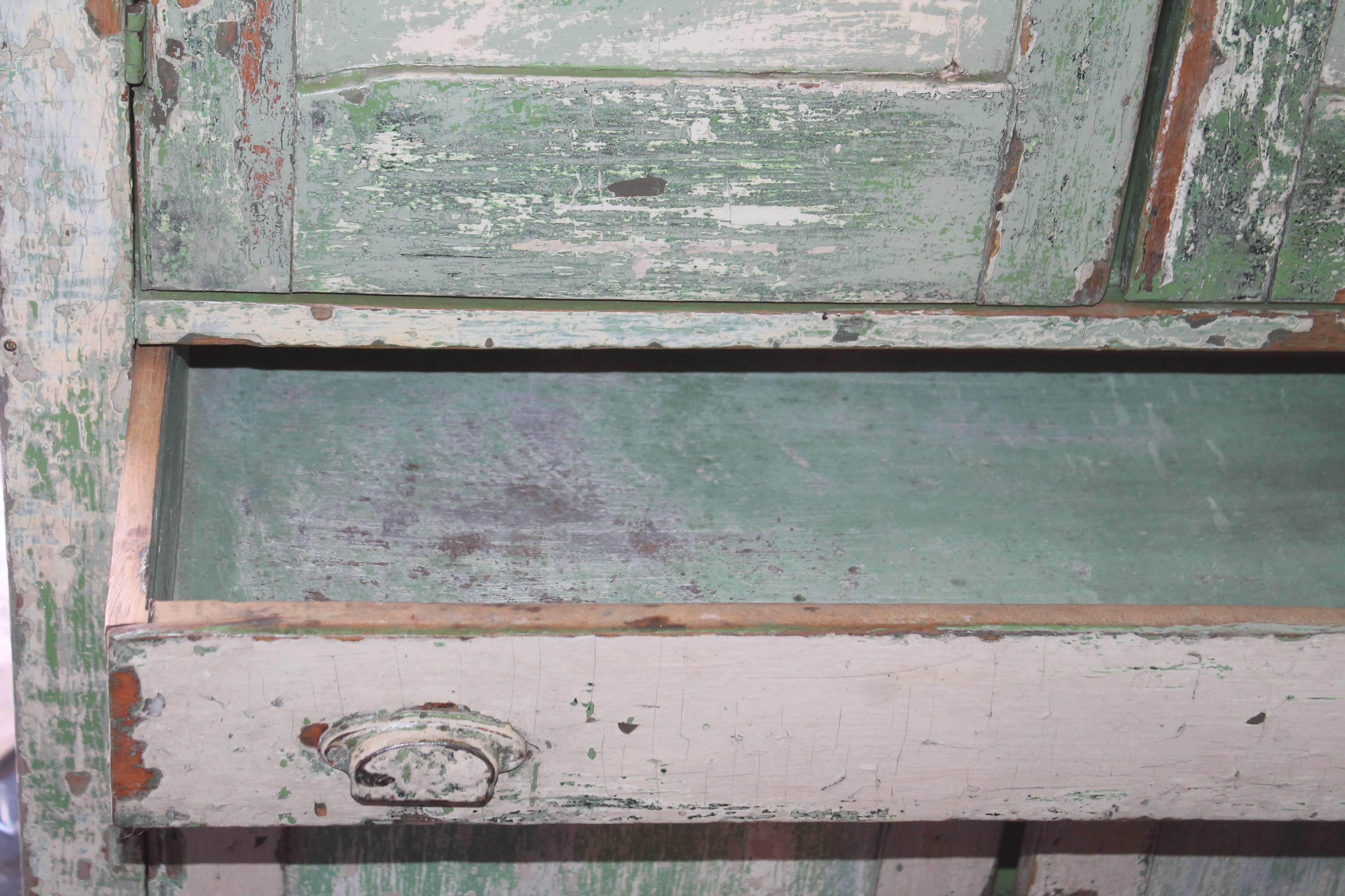 Hand-Painted Original Cream over Green Painted 19th Century Cupboard