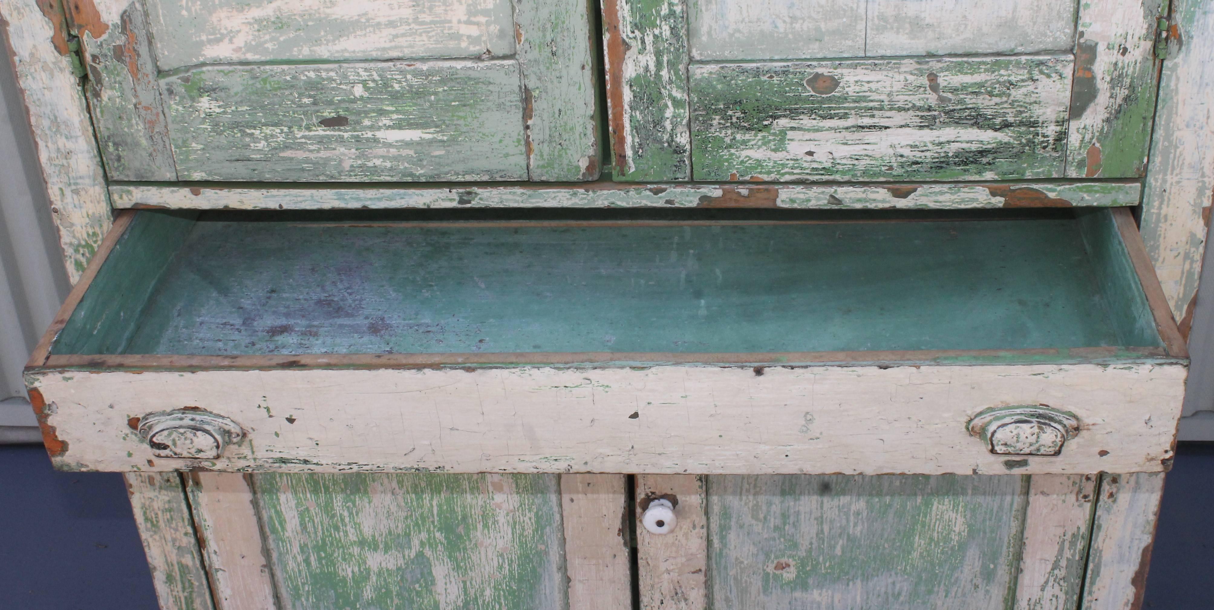 Original Cream over Green Painted 19th Century Cupboard In Excellent Condition In Los Angeles, CA