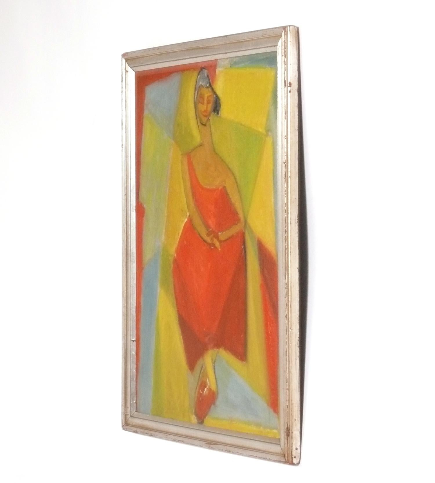 Original Cubist woman painting, artist unknown, American, circa 1930s. Framed in a vintage silver leaf wood frame. It measures 22 inch height by 17 inch width framed.