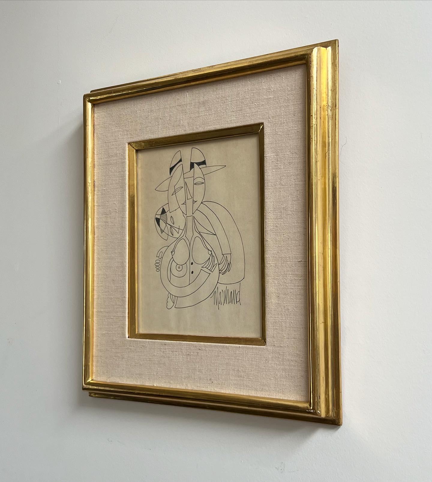 Original Cubist Ink Artwork by Phillipe Marchand, in Gold Frame, 20th Century 5