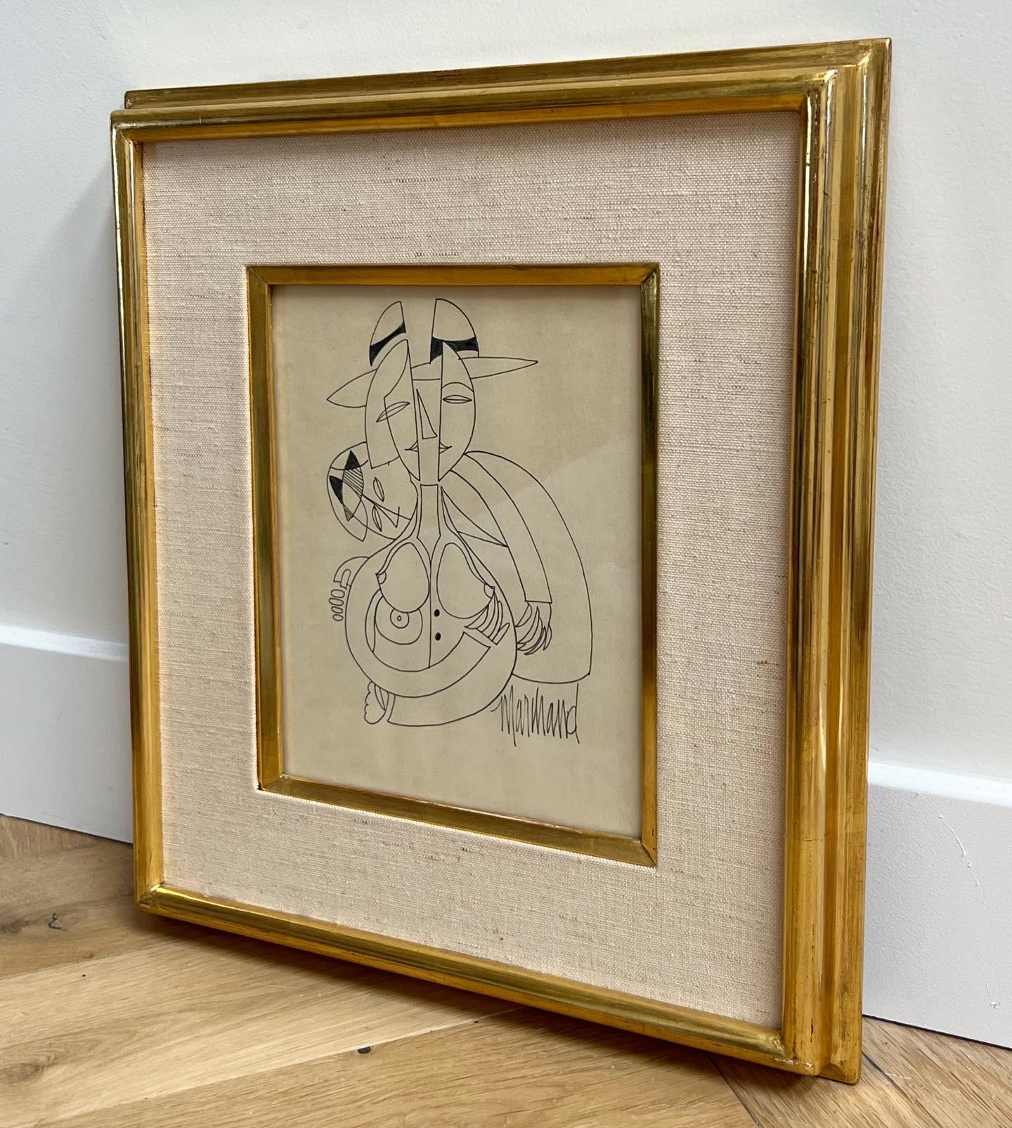 “MAN AND WOMAN”, an original French modernist cubist drawing by Phillipe Marchand, ink on paper, 20th century. Gold leaf frame and linen mount with glass. Signed on lower right. Ready to hang. Pick up in central west Los Angeles or worldwide