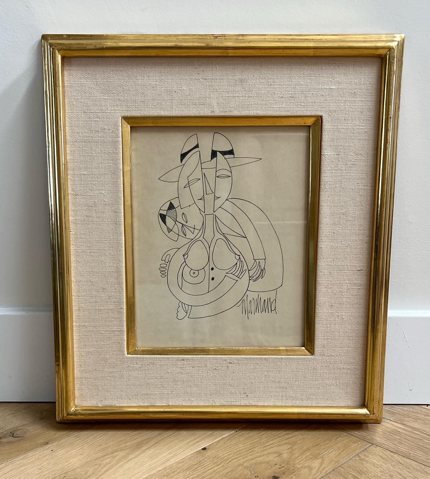 French Original Cubist Ink Artwork by Phillipe Marchand, in Gold Frame, 20th Century For Sale