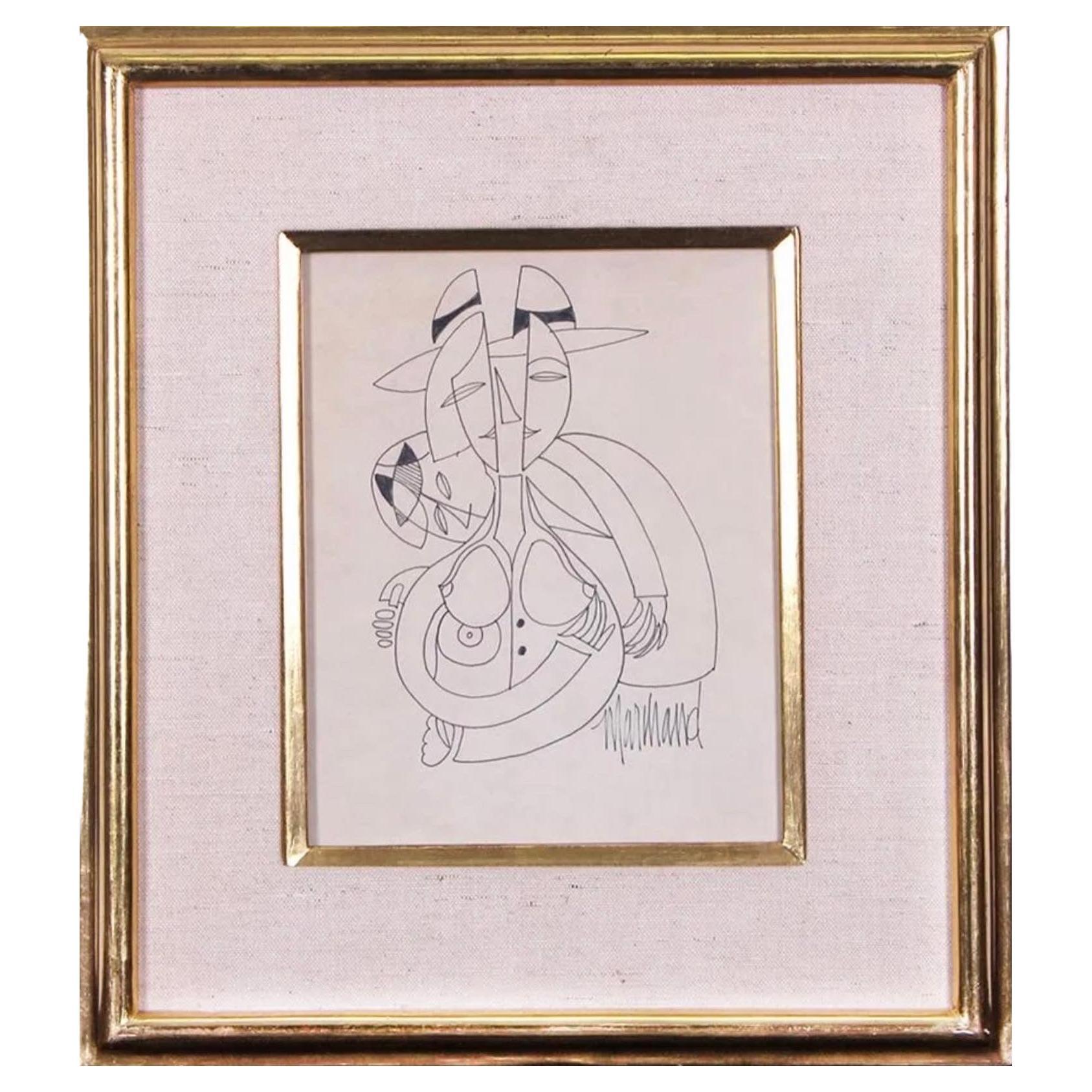Original Cubist Ink Artwork by Phillipe Marchand, in Gold Frame, 20th Century For Sale