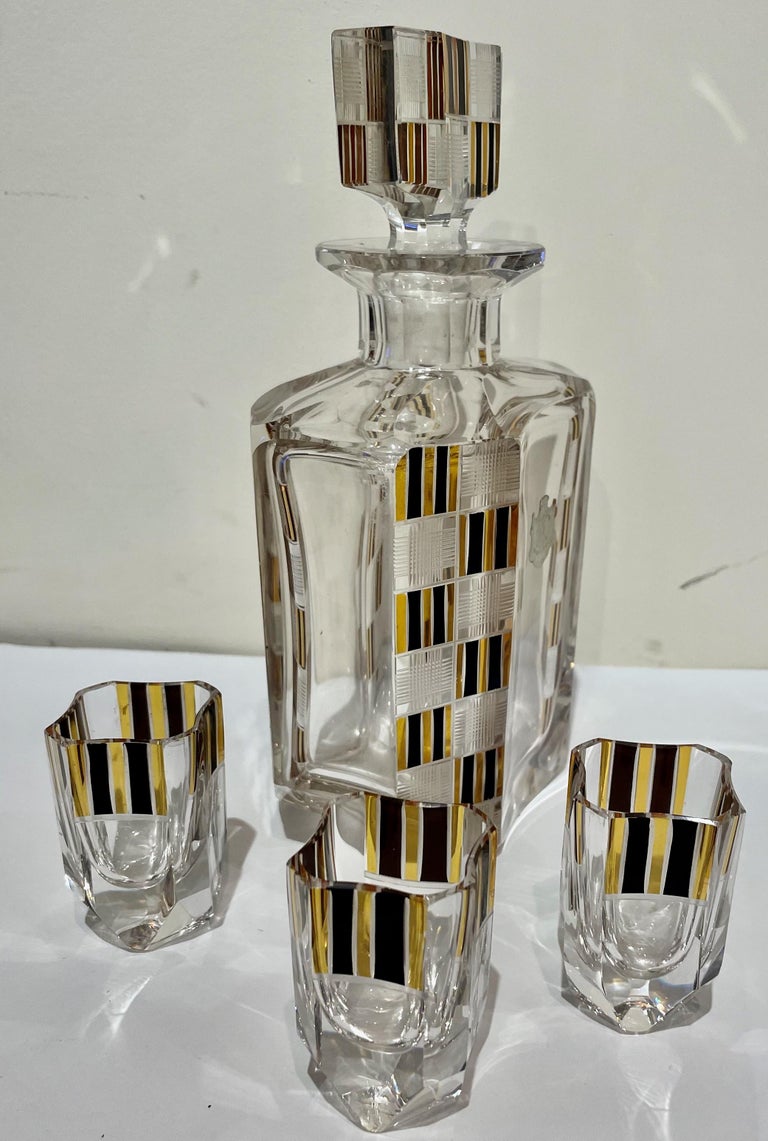 Original Czech Decanter Set, New Old Stock Black / Gold Details For