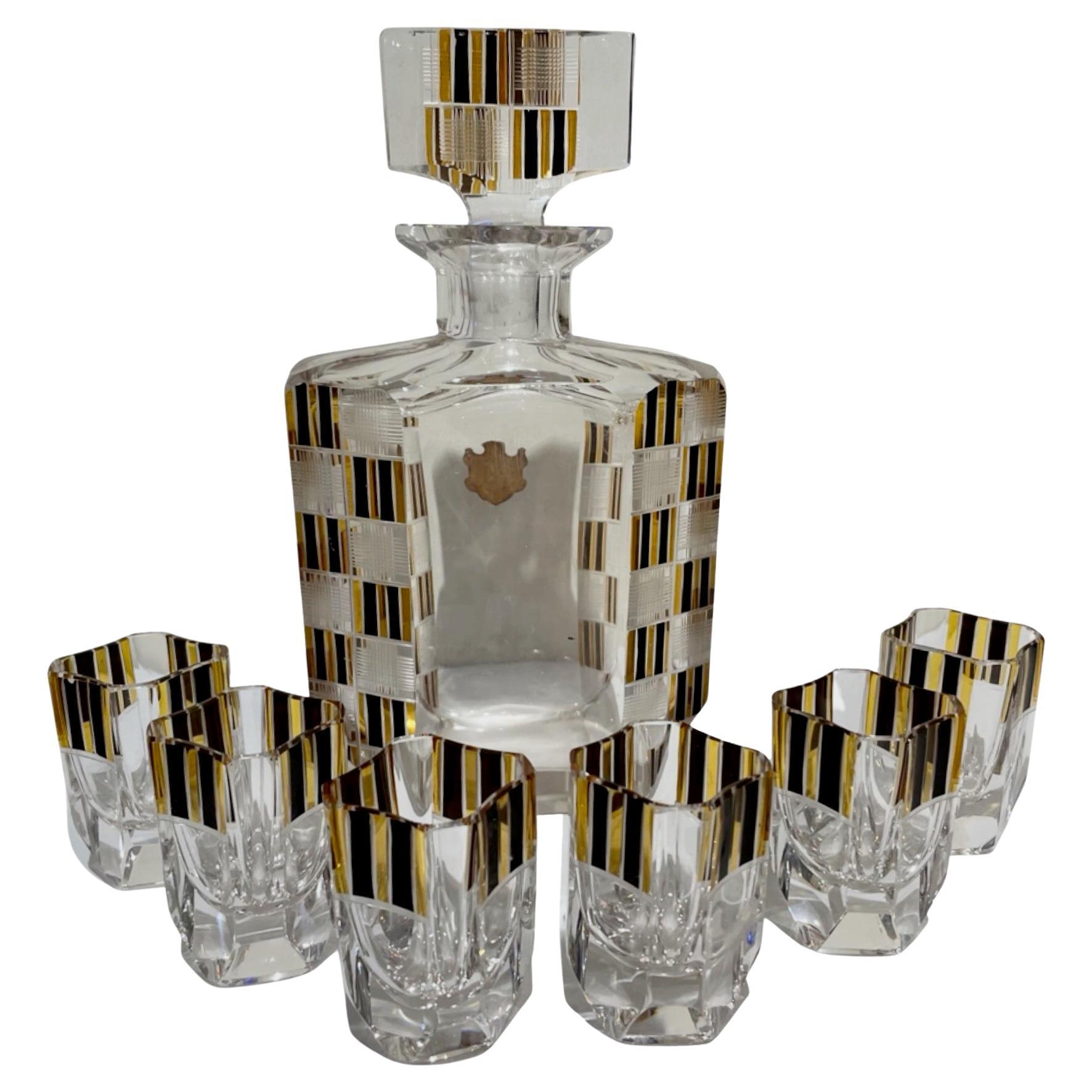 Modernist Black Gold Czech Glass Decanter Set Art Deco at 1stDibs