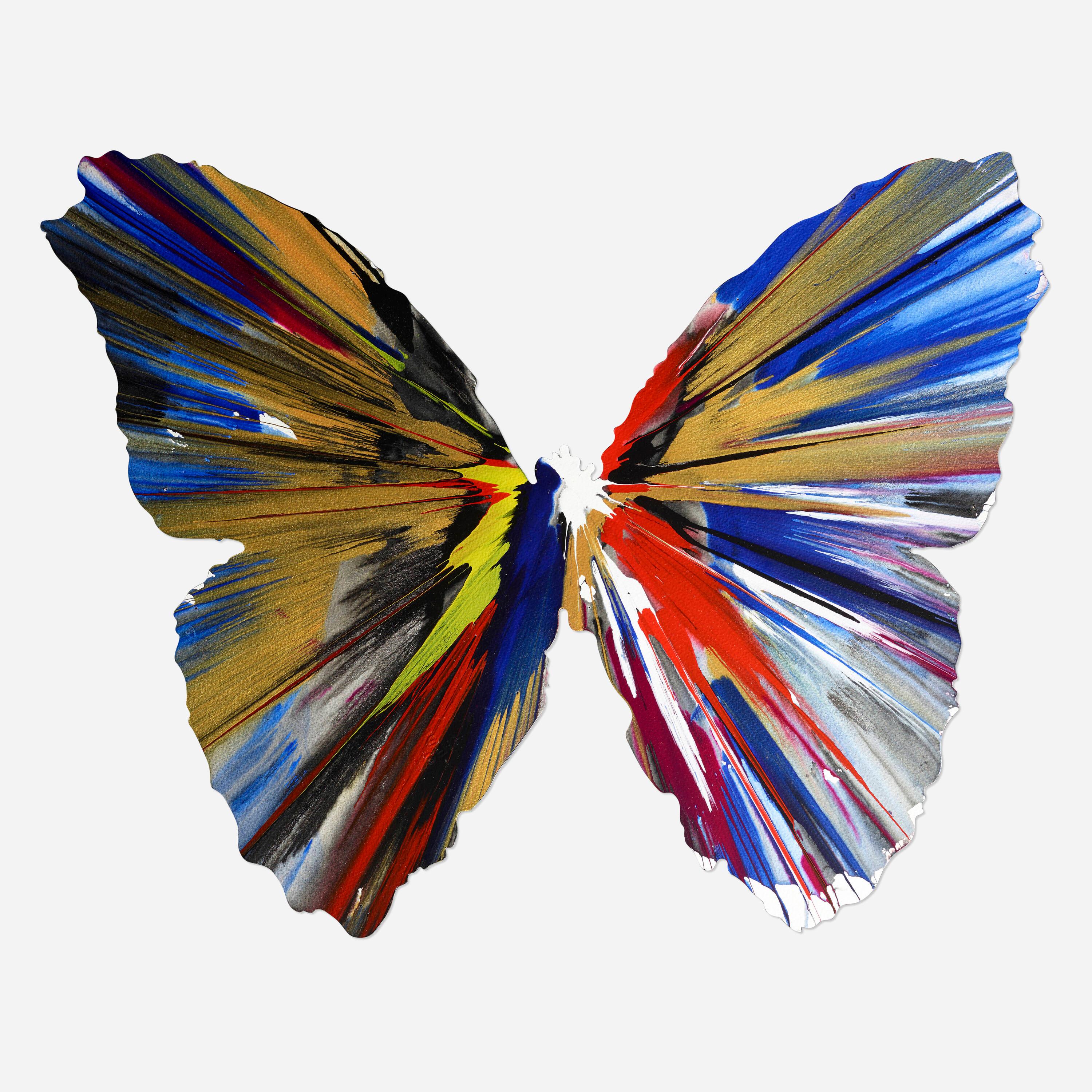 This is an original painting by Damien Hirst, created with public collaboration at the Damien Hirst Spin Workshop to celebrate the opening of Requiem at the PinchukArt Centre, Ukraine.
The painting, cut out in the shape of the butterfly bears Hirst
