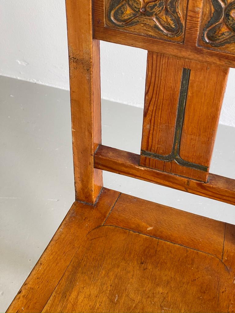 Original Danish Art and Craft chair in pine and beech with green carved decor. For Sale 8
