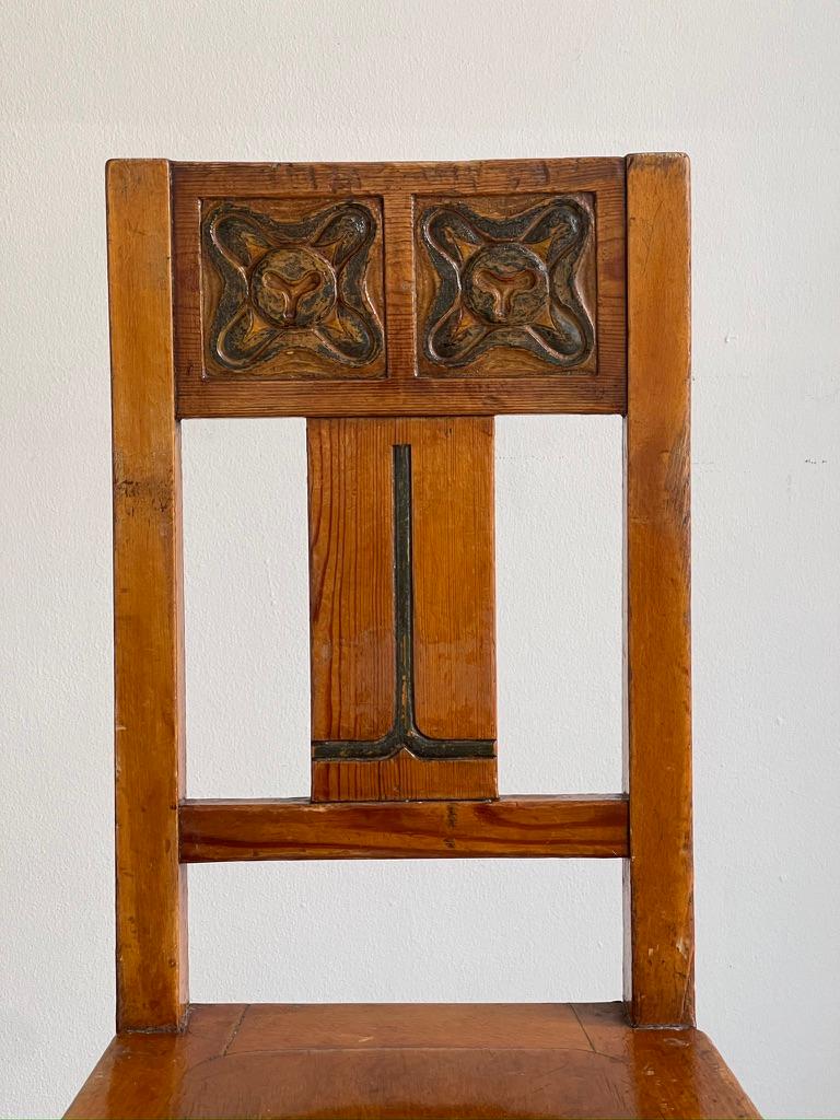 Arts and Crafts Original Danish Art and Craft chair in pine and beech with green carved decor. For Sale