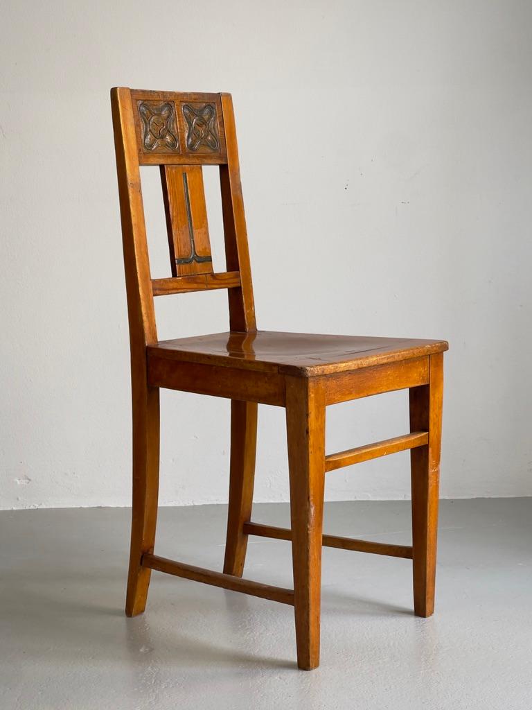 Beech Original Danish Art and Craft chair in pine and beech with green carved decor. For Sale