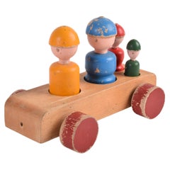 Vintage Original Danish Kay Bojesen Toy Wagon "Family Trip", Colorful Beech Wood, 1950s