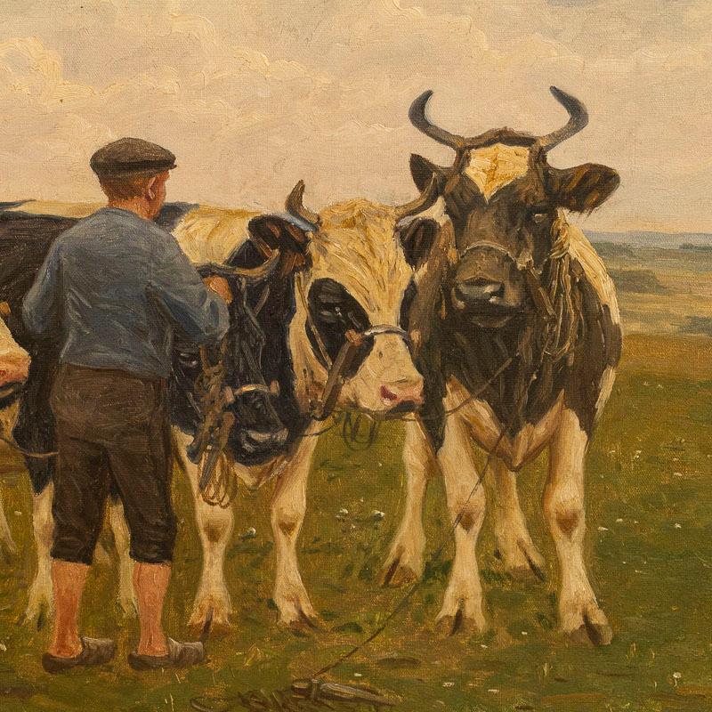 20th Century Original Danish Oil on Canvas Painting of Man with Cows Signed Poul Steffensen