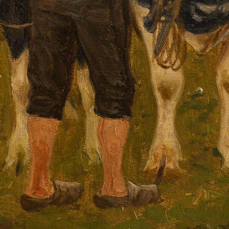 Original Danish Oil on Canvas Painting of Man with Cows Signed Poul Steffensen 5