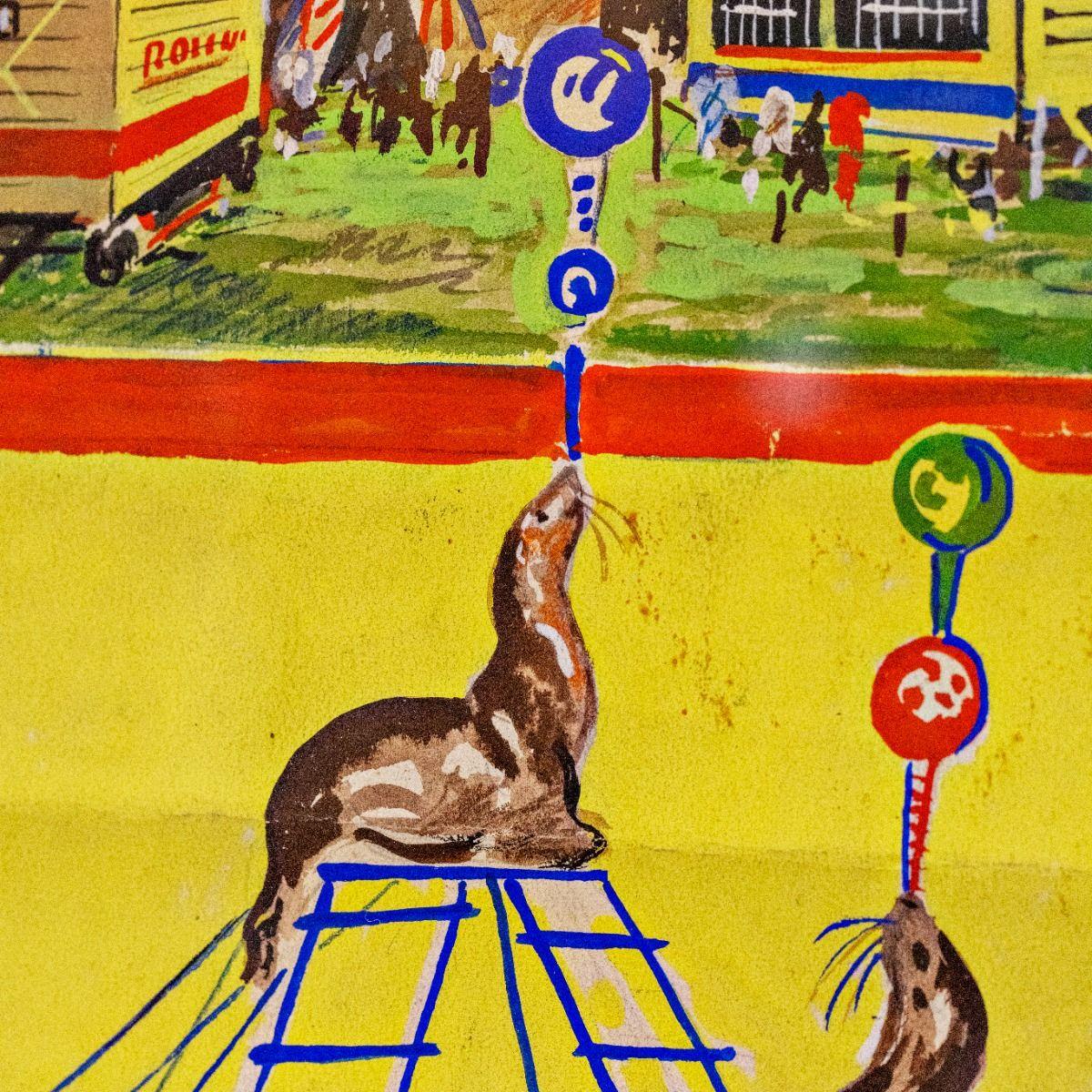 Affiche de cirque danoise originale pour Cirkus Rolando, 1957.

Dimensions dans le cadre : 101 x 67 cm.

Il s'agit d'une étude peinte à la main pour une affiche, réalisée à l'aquarelle et à la gouache.
L'affiche est encadrée dans un cadre en bois