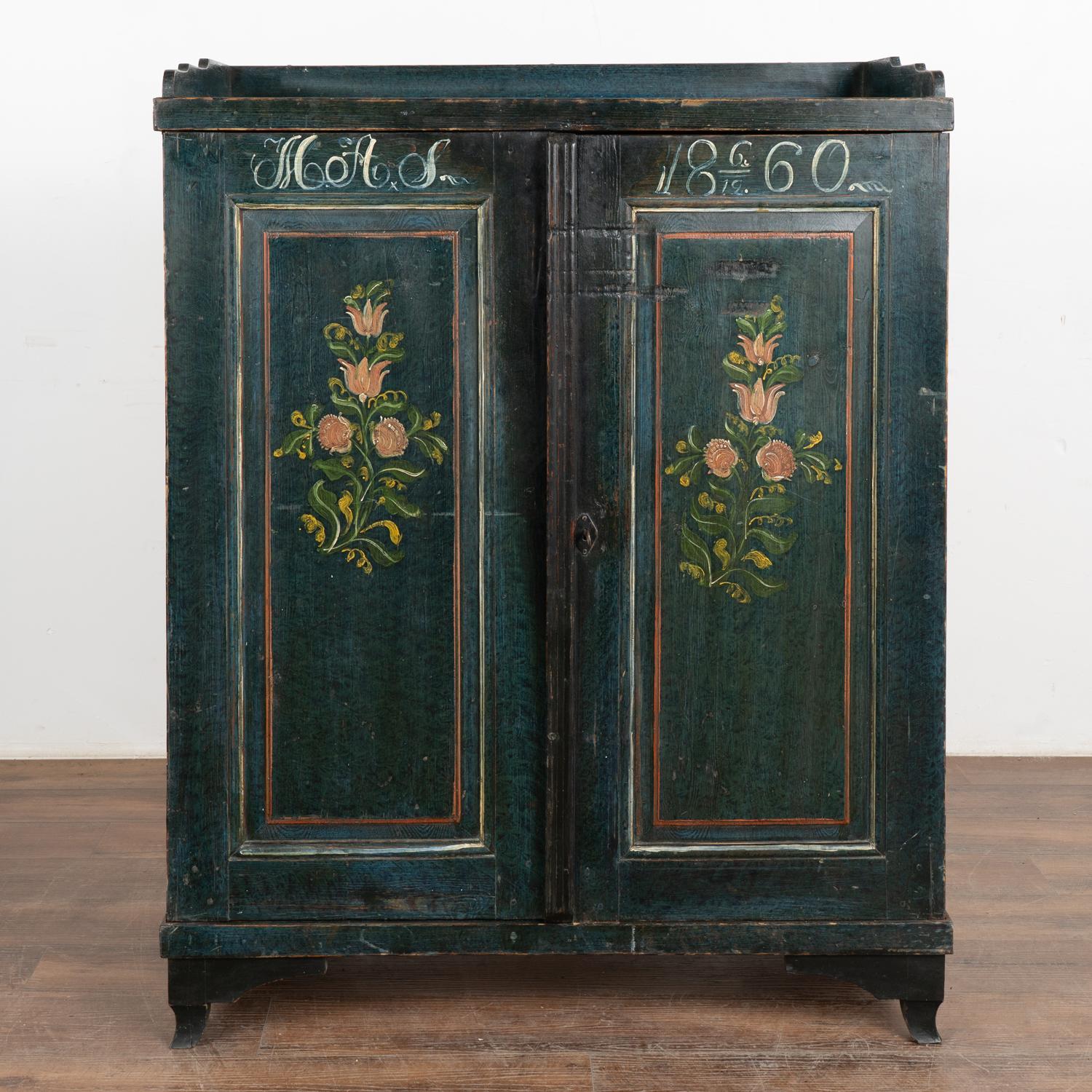 Swedish Original Dark Blue Painted Sideboard With Flowers, Sweden dated 1860 For Sale